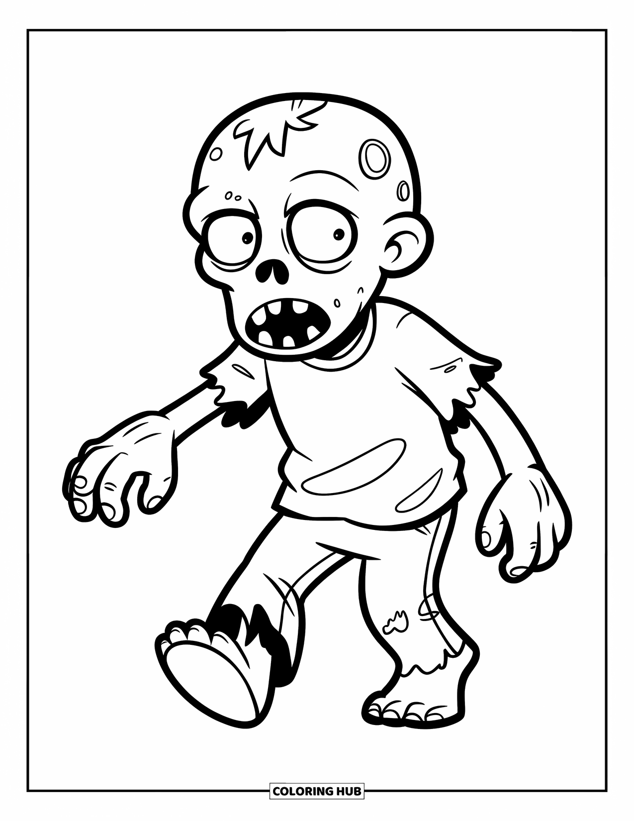 Kolorowanka na Halloween dla dzieci: Beztroski zombie robi małe kroki do przodu, z wyciągniętymi ramionami i gotowy do zabawy