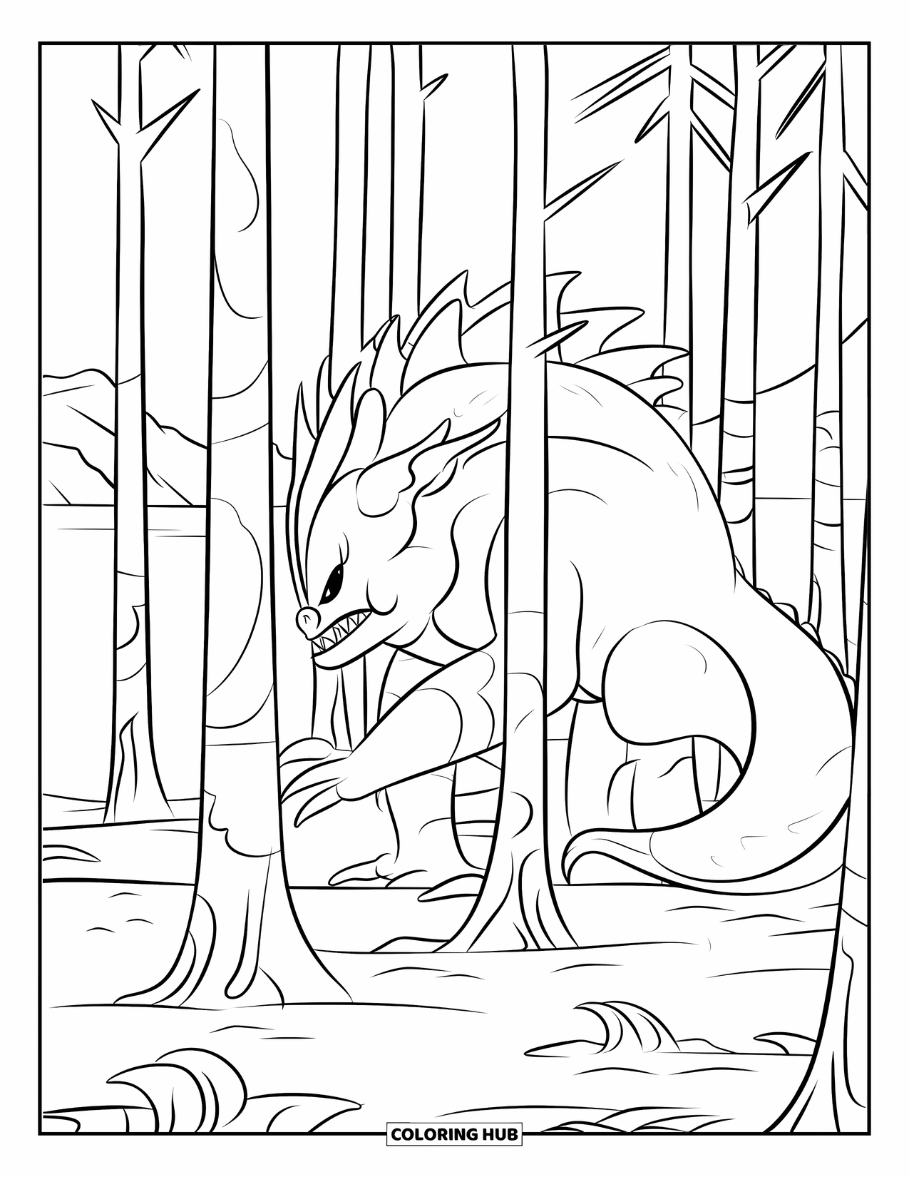 Kolorowanka na Halloween dla dzieci: Ogromna bestia z ostrymi rogami i długim ogonem obserwuje zza gęstych drzew