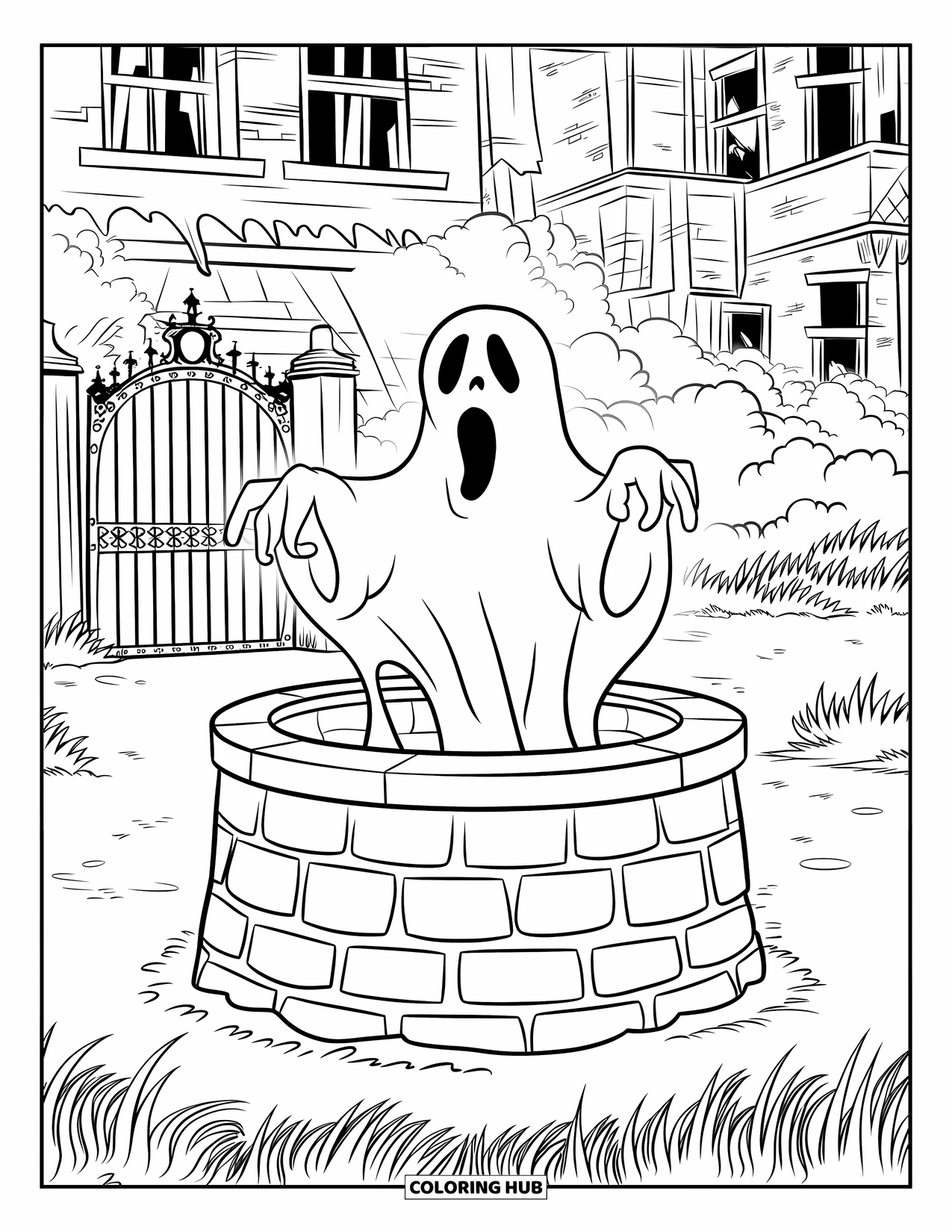 Kolorowanka na Halloween dla dzieci: Mglista postać wyłania się ze starej studni w pobliżu nawiedzonego dworu z zardzewiałą bramą