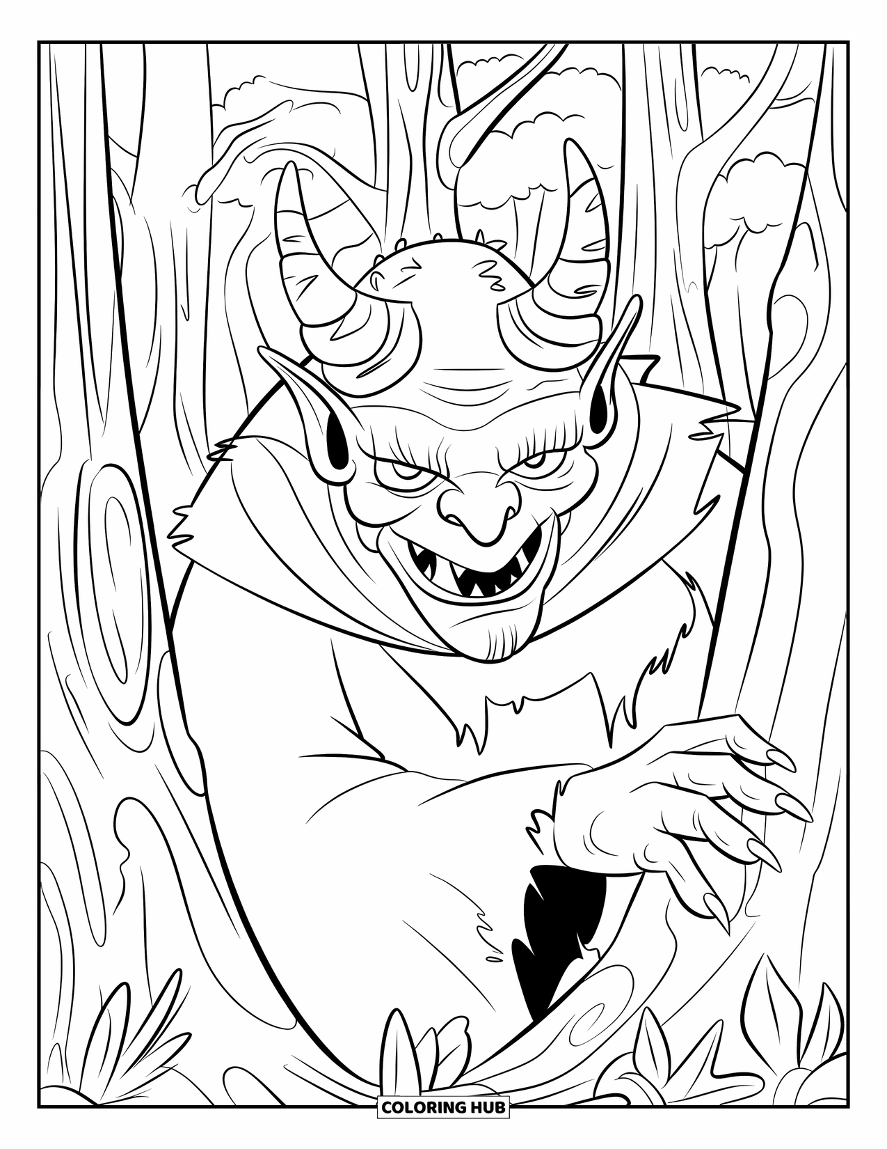 Kolorowanka na Halloween dla dzieci: Potworna postać z poszarpanymi rogami chowa się wśród wysokich drzew, obserwując z ciemności