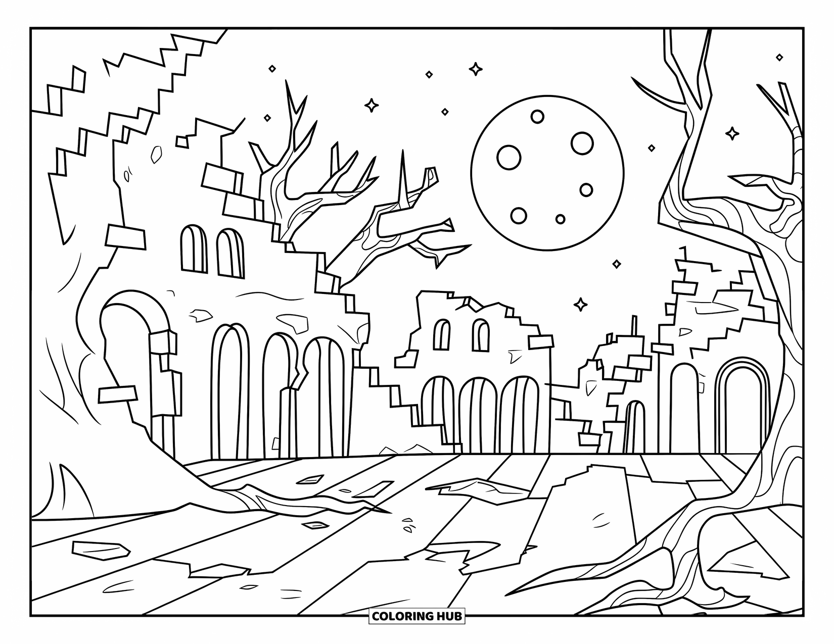 Kolorowanka na Halloween dla dzieci: Oświetlona księżycem wioska z rozpadającymi się budynkami, sękatymi drzewami i powalonymi gałęziami tworzy upiorną scenerię