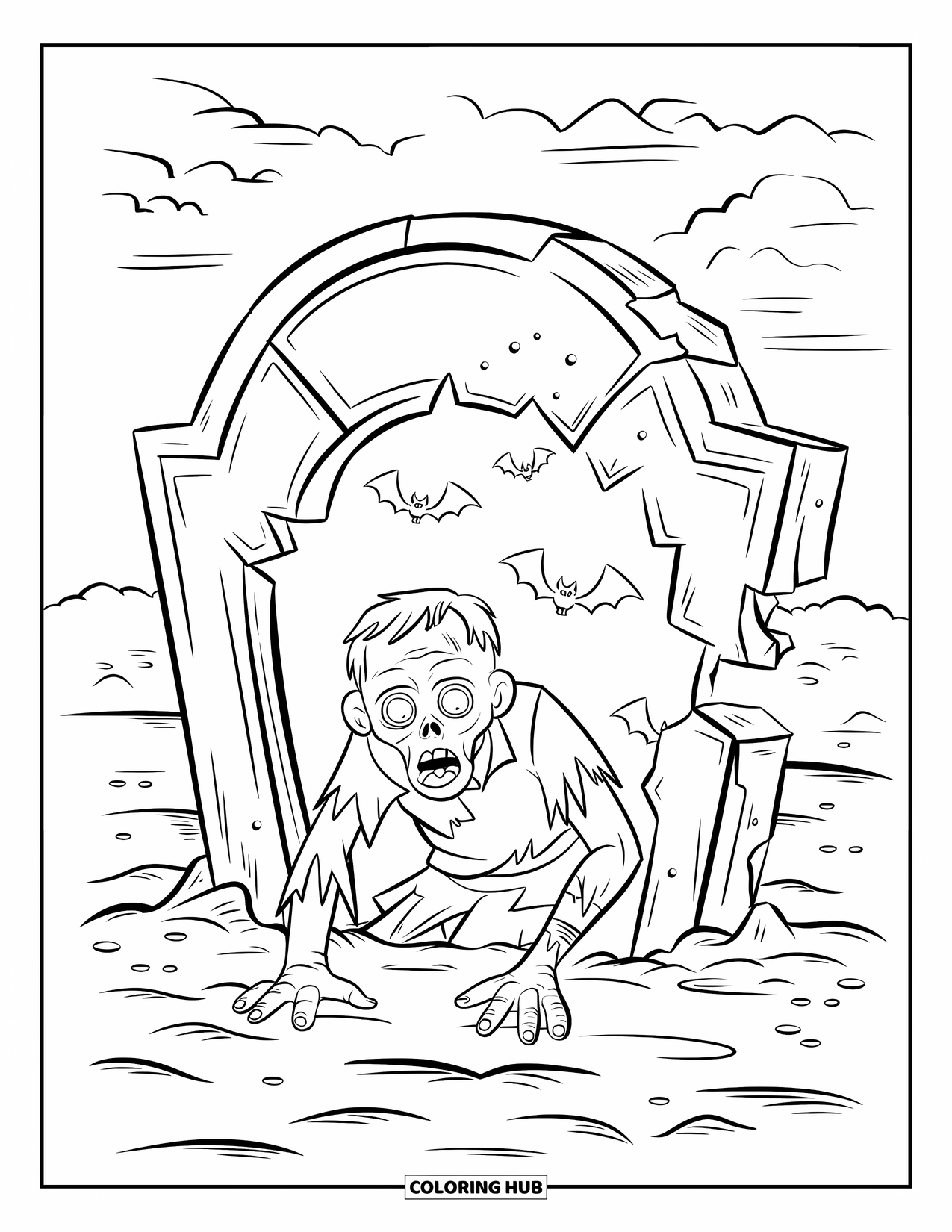 Kolorowanka na Halloween dla dzieci: Pokryty błotem zombie wspina się ze swojego grobu, a nietoperze rozpraszają się po nocnym niebie