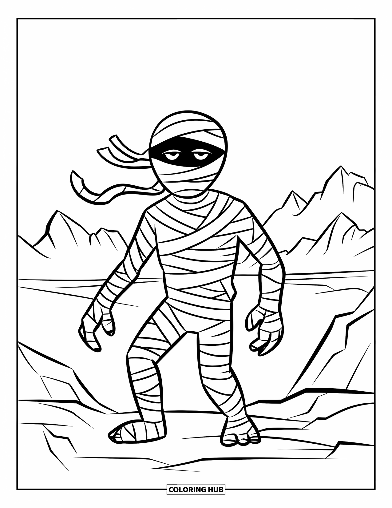 Kolorowanka na Halloween dla dzieci: Mumia z powiewającymi bandażami stoi na skalistym terenie pod pochmurnym niebem