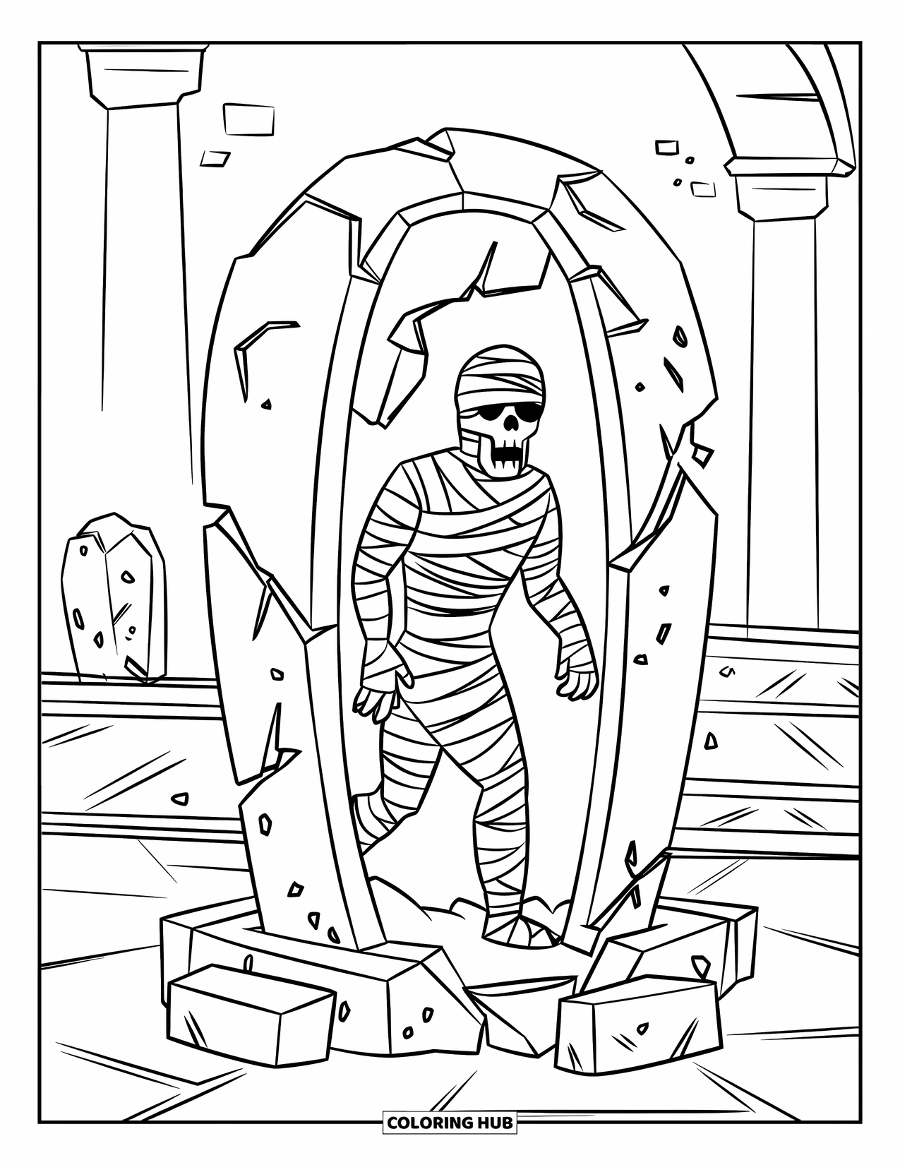 Kolorowanka na Halloween dla dzieci: Mumia z pustymi oczami wspina się z pękniętego grobowca w ciemnej, starożytnej komnacie