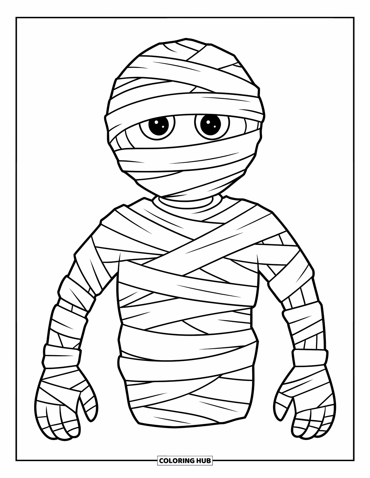 Kolorowanka na Halloween dla dzieci: Mumia z szeroko otwartymi oczami wygląda spod ciasno owiniętych bandaży