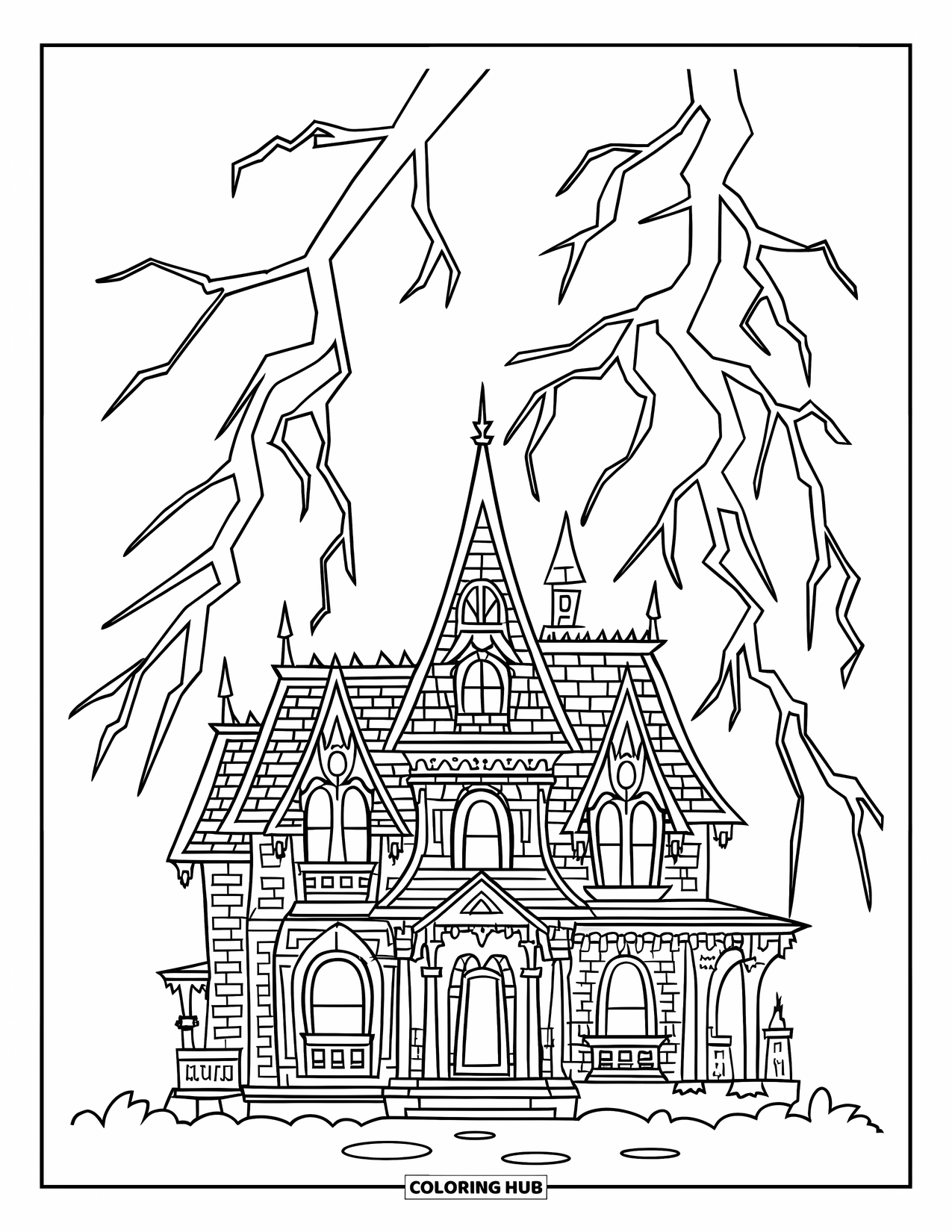 Kolorowanka na Halloween dla dzieci: Tajemnicza rezydencja z ostrymi wieżami stoi samotnie, gdy w pobliżu uderzają pioruny