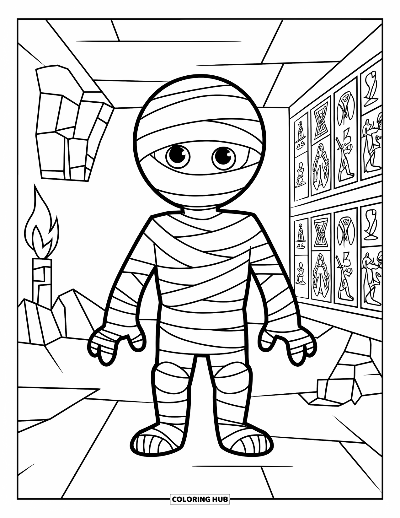 Kolorowanka na Halloween dla dzieci: Wyglądająca mumia, której widać tylko oczy, stoi w słabo oświetlonym grobowcu