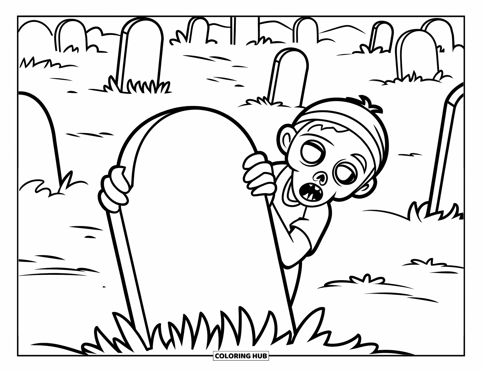 Kolorowanka na Halloween dla dzieci: Figlarny zombie wygląda z nagrobka na upiornym, mglistym cmentarzu