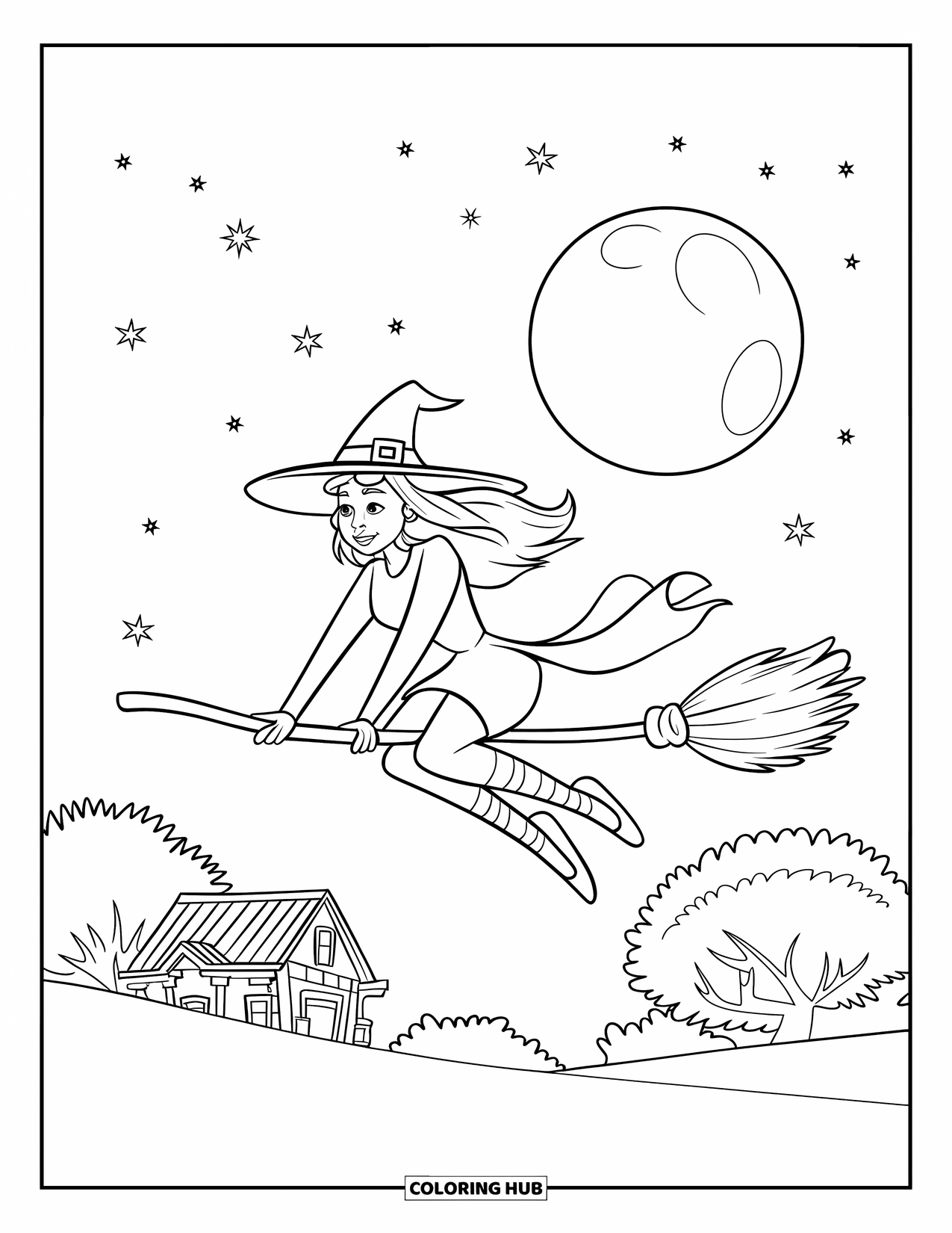 Kolorowanka na Halloween dla dzieci: Czarownica w spiczastym kapeluszu szybuje na miotle, na tle jasnego księżyca