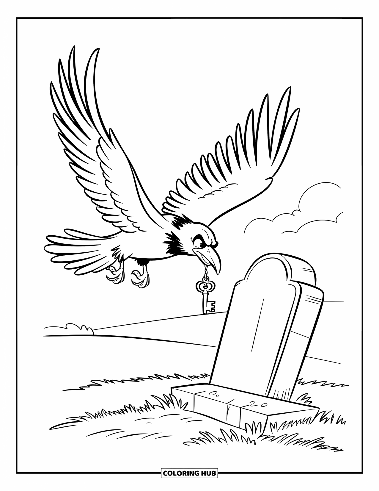 Kolorowanka na Halloween dla dzieci: Kruk niosący mały klucz w dziobie leci w kierunku starego grobu
