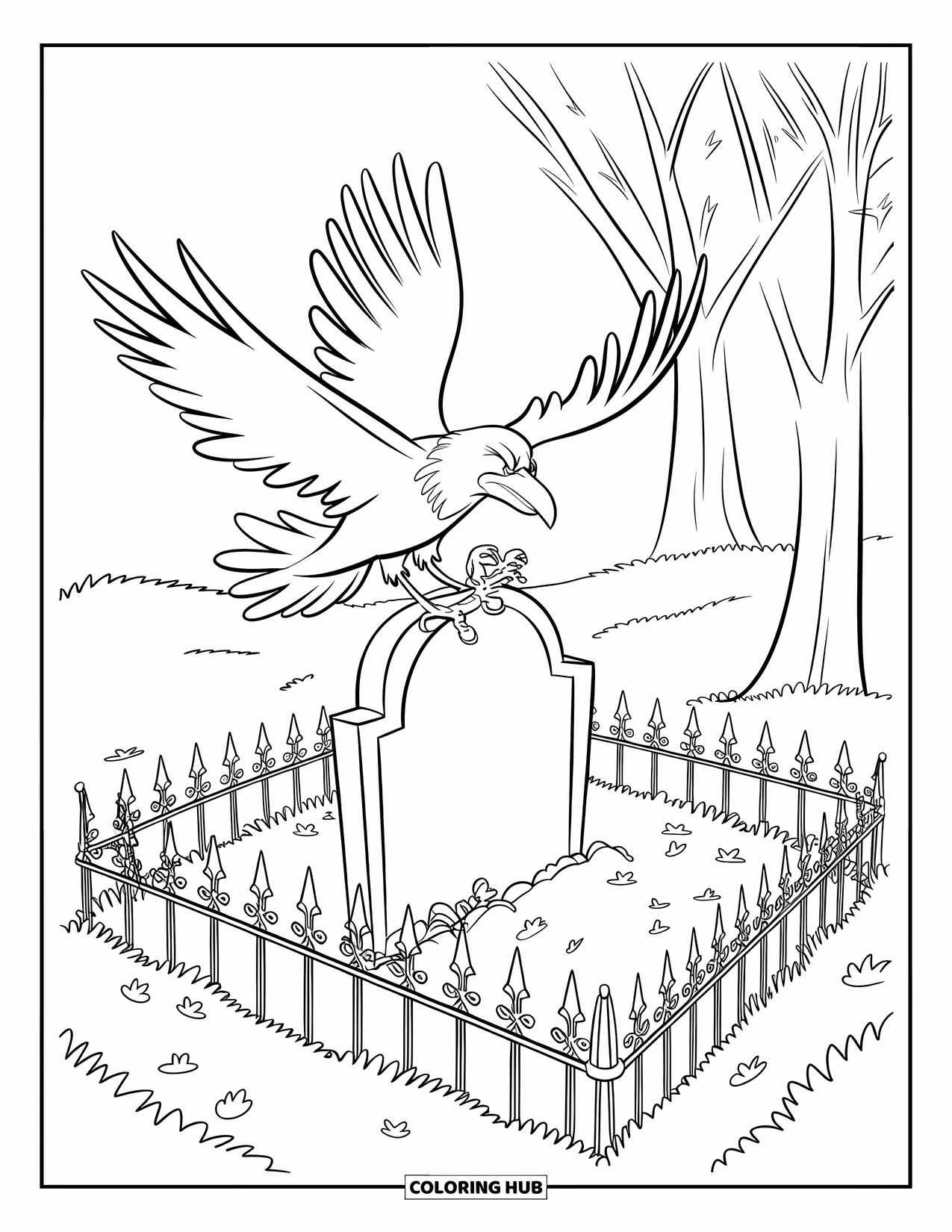 Kolorowanka na Halloween dla dzieci: Kruk z kluczem w dziobie szybuje w kierunku ozdobnego grobu z żelaznym ogrodzeniem