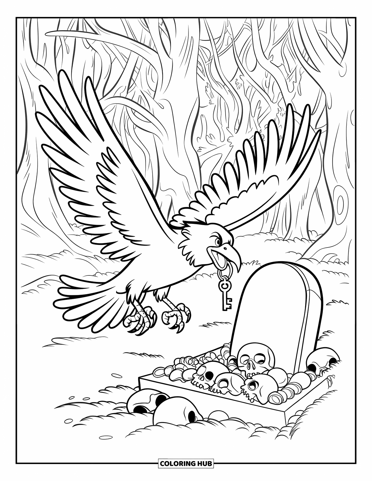 Kolorowanka na Halloween dla dzieci: Kruk z szeroko rozpostartymi skrzydłami niesie klucz w kierunku grobu otoczonego czaszkami