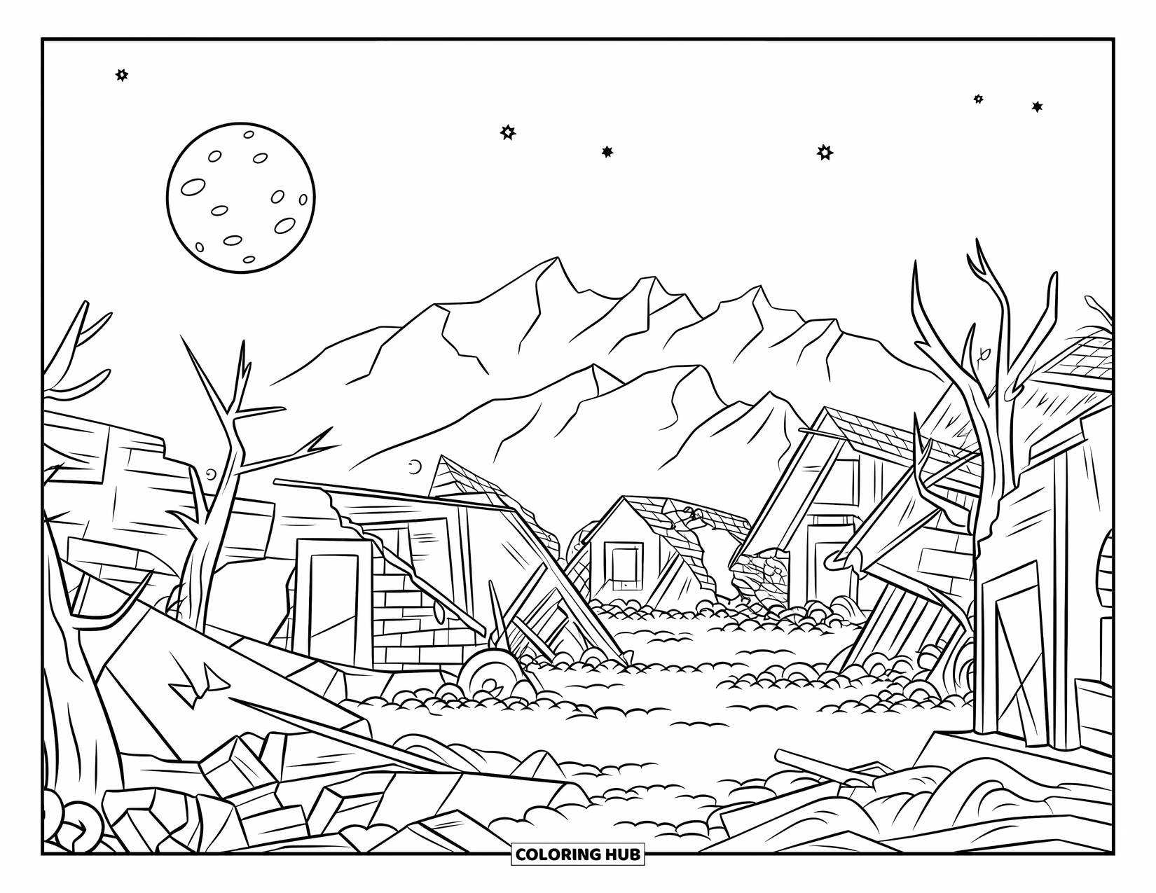 Kolorowanka na Halloween dla dzieci: Zrujnowana wioska z powybijanymi oknami i skręconymi drzewami spoczywa pod jasnym księżycem w pełni