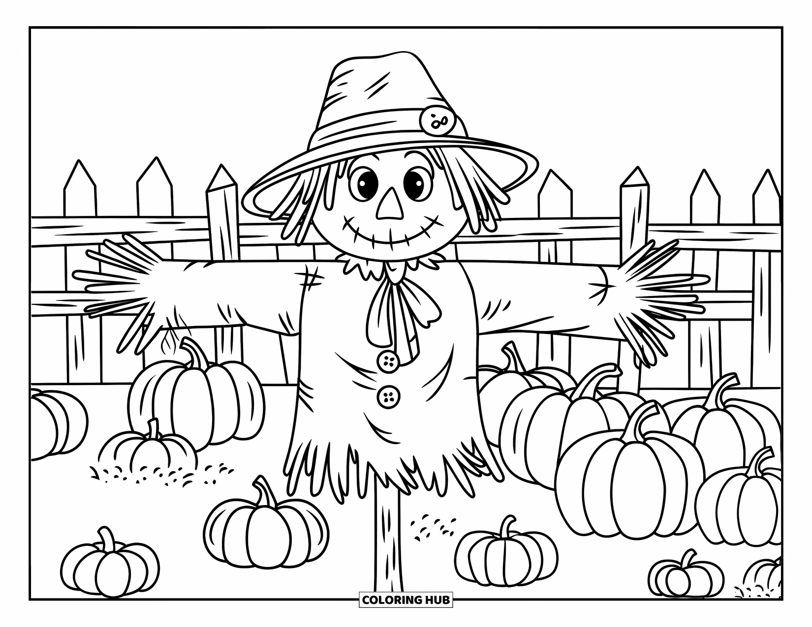 Kolorowanka na Halloween dla dzieci: Strach na wróble trzymający widły stoi wśród dyń w pobliżu starego drewnianego płotu