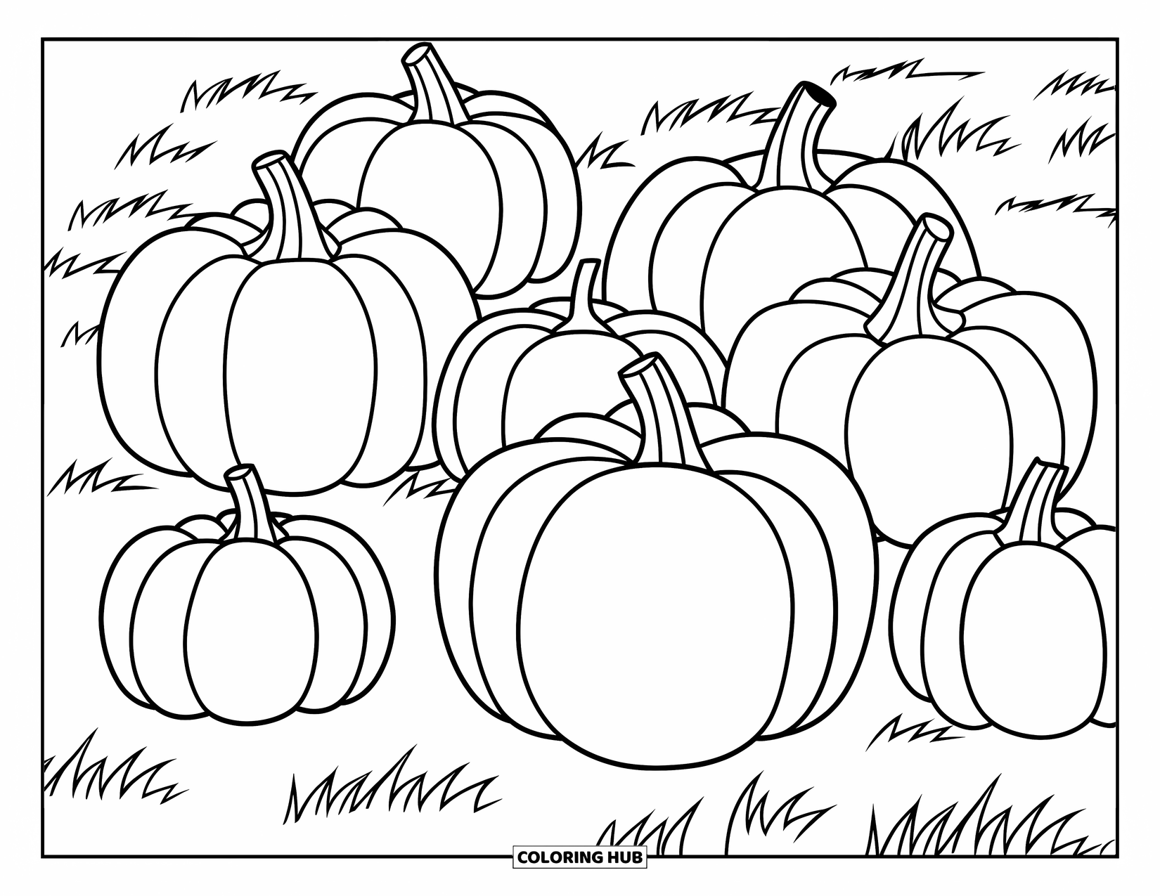 Kolorowanka na Halloween dla dzieci: Strach na wróble stoi na straży nad grządką pełną dyń pod czystym jesiennym niebem