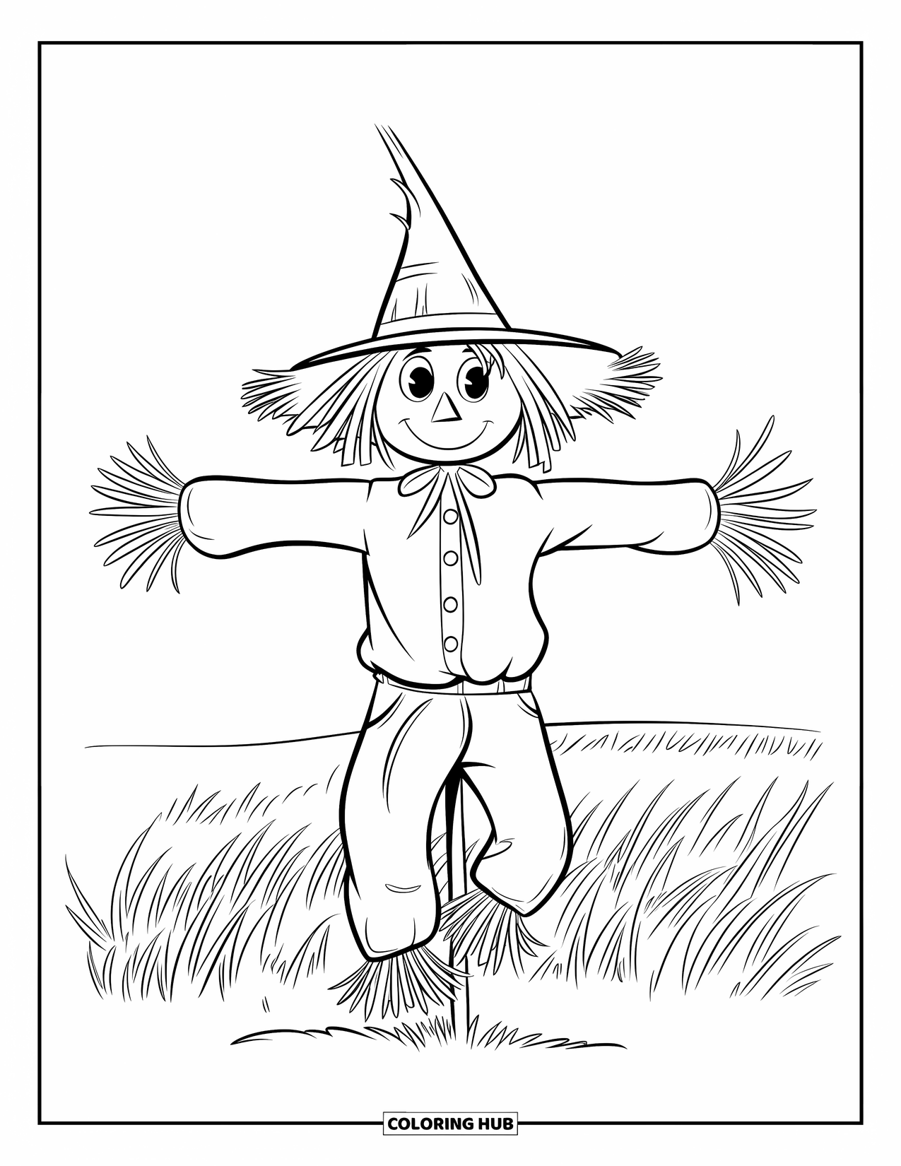 Kolorowanka na Halloween dla dzieci: Strach na wróble w słomkowym kapeluszu uśmiecha się ciepło, stojąc na trawiastym polu