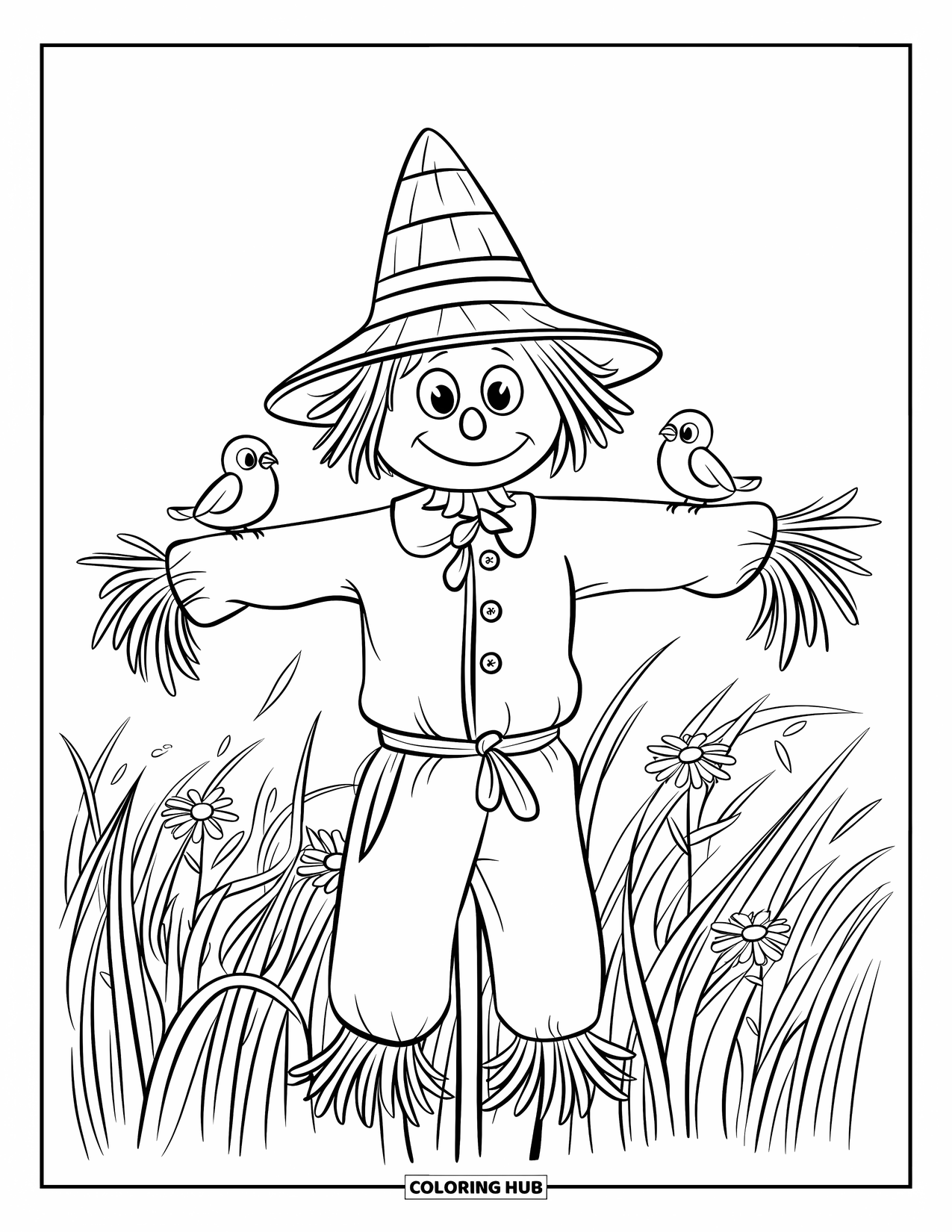 Kolorowanka na Halloween dla dzieci: Strach na wróble z małymi ptakami siedzącymi na ramionach obserwuje pole z uśmiechem