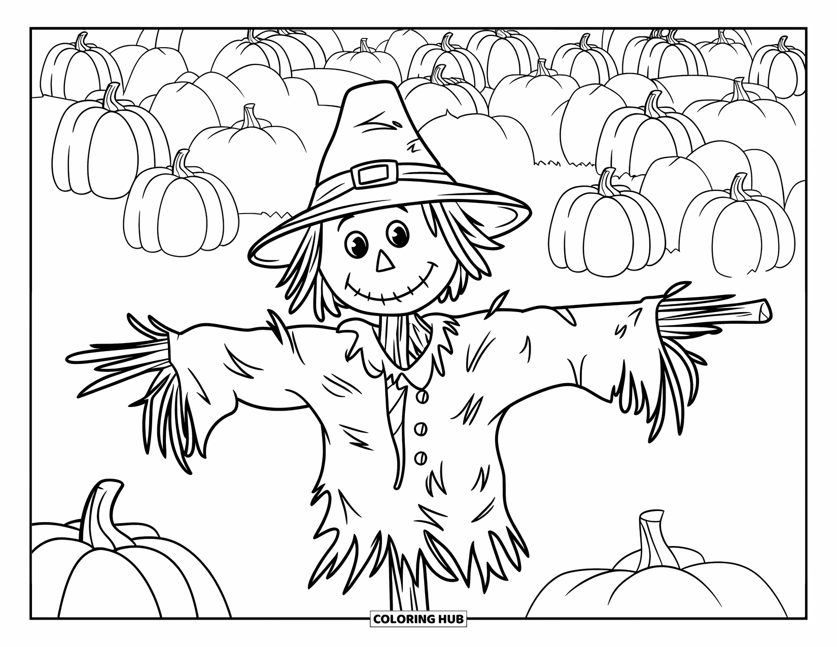 Kolorowanka na Halloween dla dzieci: Strach na wróble w podartych ubraniach stoi wśród dyń, nosząc słomkowy kapelusz i uśmiech