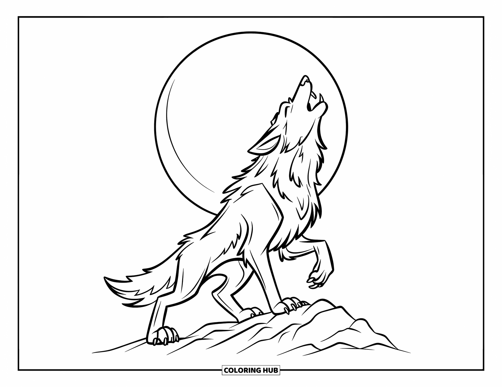 Kolorowanka na Halloween dla dzieci: Kudłaty wilkołak podnosi głowę do nieba, a jego wycie rozlega się echem po lesie