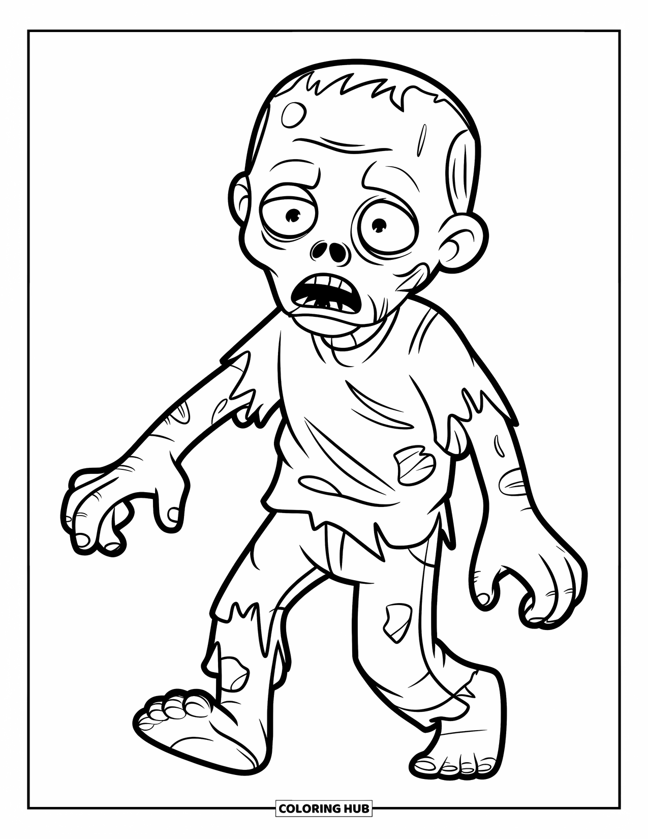 Kolorowanka na Halloween dla dzieci: Głupi zombie z okrągłą głową i podartą koszulą idzie do przodu z radosnym wyrazem twarzy