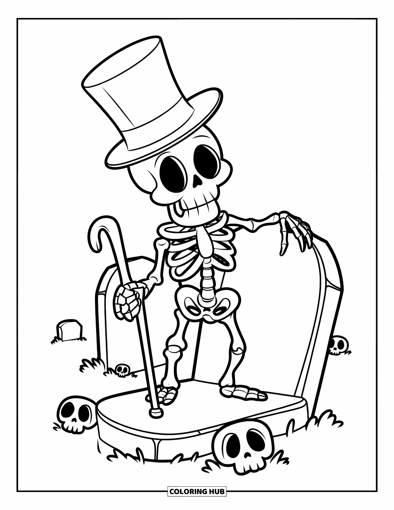 Kolorowanka na Halloween dla dzieci: Szkielet w fantazyjnym kapeluszu balansuje na nagrobku, otoczony rozrzuconymi czaszkami