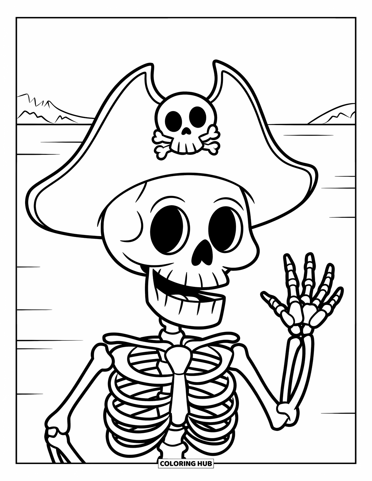 Kolorowanka na Halloween dla dzieci: Szkielet w pirackim kapeluszu śmieje się, balansując na drewnianej desce