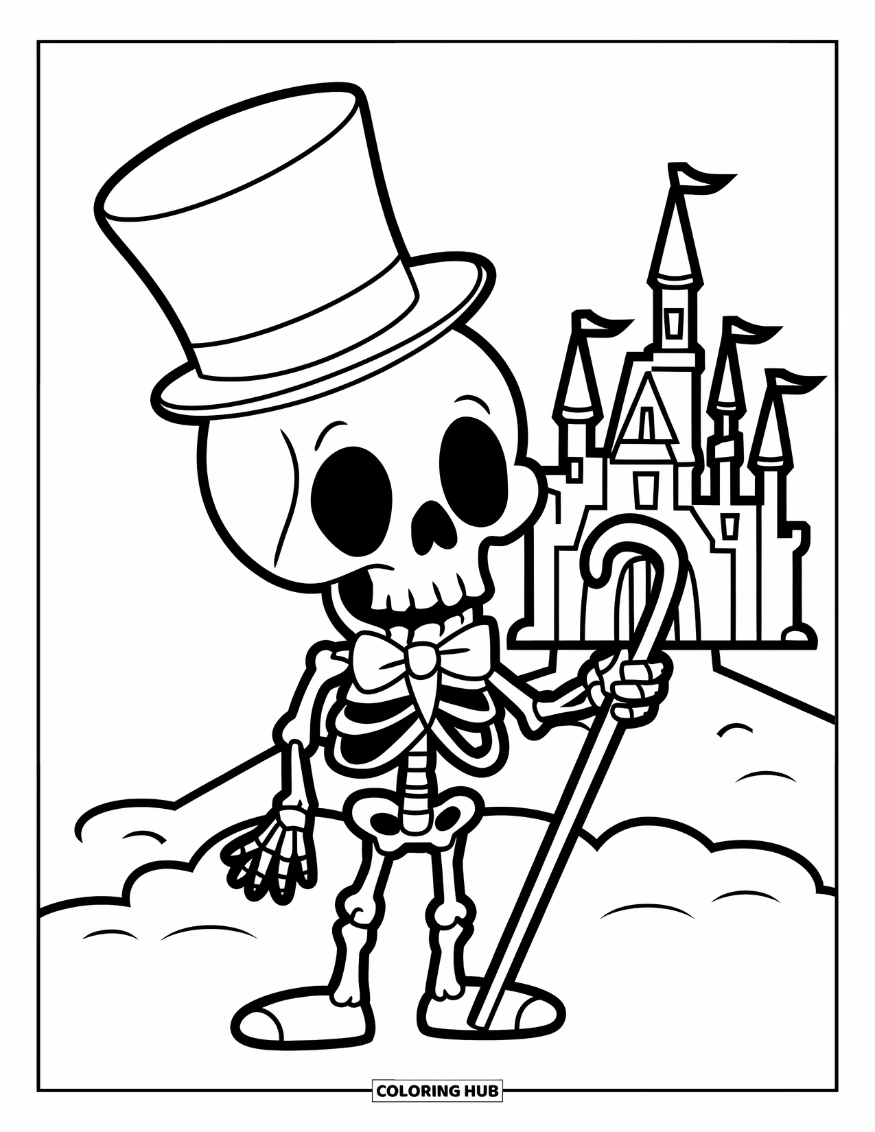Kolorowanka na Halloween dla dzieci: Szkielet w cylindrze opiera się na lasce, stojąc pewnie na kamiennym cokole