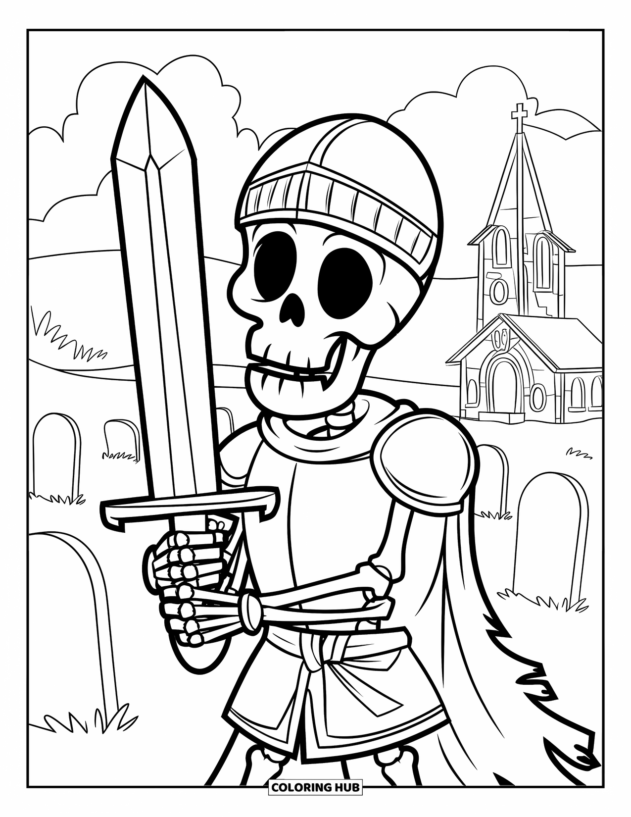 Kolorowanka na Halloween dla dzieci: Szkielet-rycerz w podartej szacie strzeże cmentarza ze starymi nagrobkami i odległym kościołem