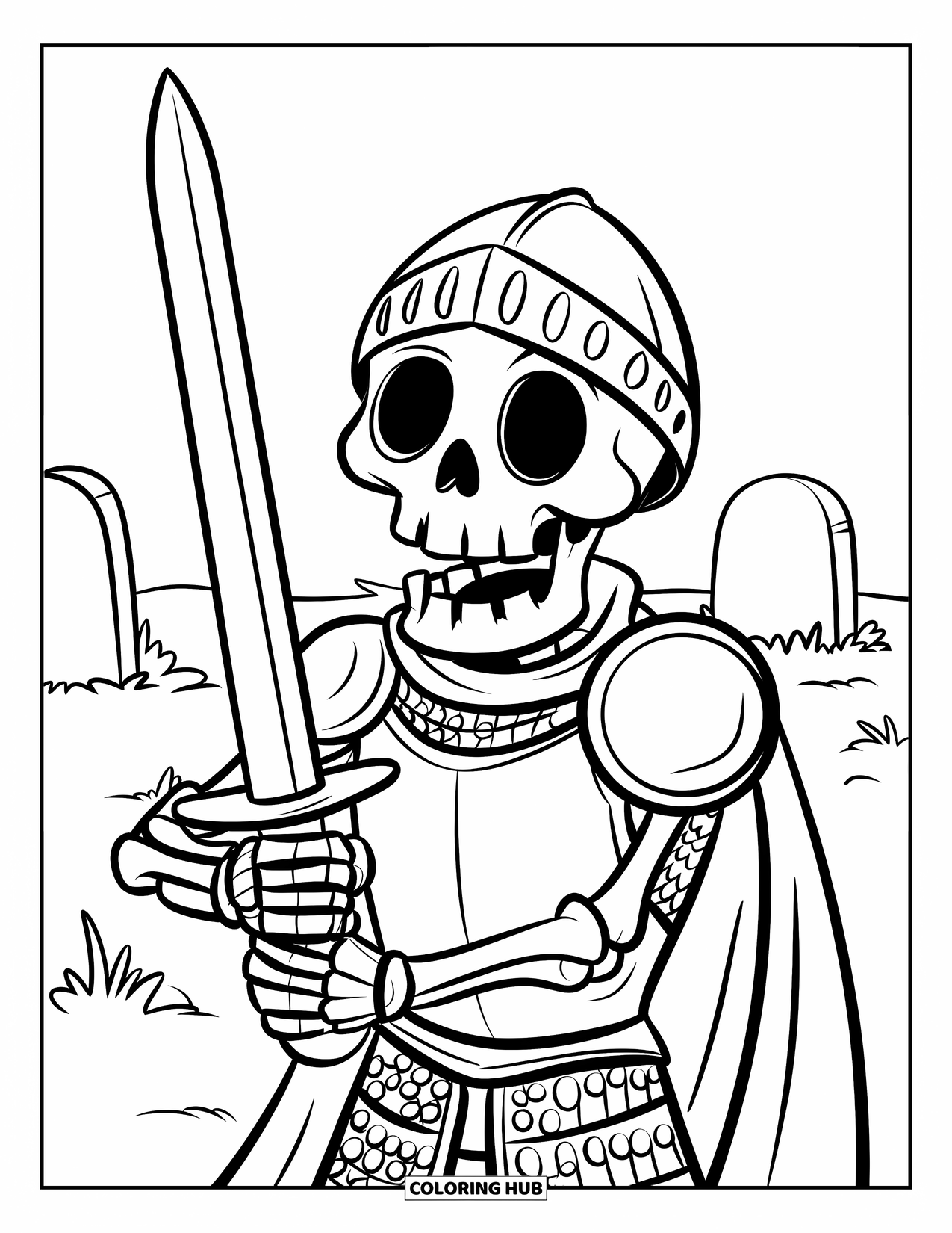 Kolorowanka na Halloween dla dzieci: Szkielet-rycerz w kolczudze stoi na straży na cmentarzu, trzymając ostry miecz