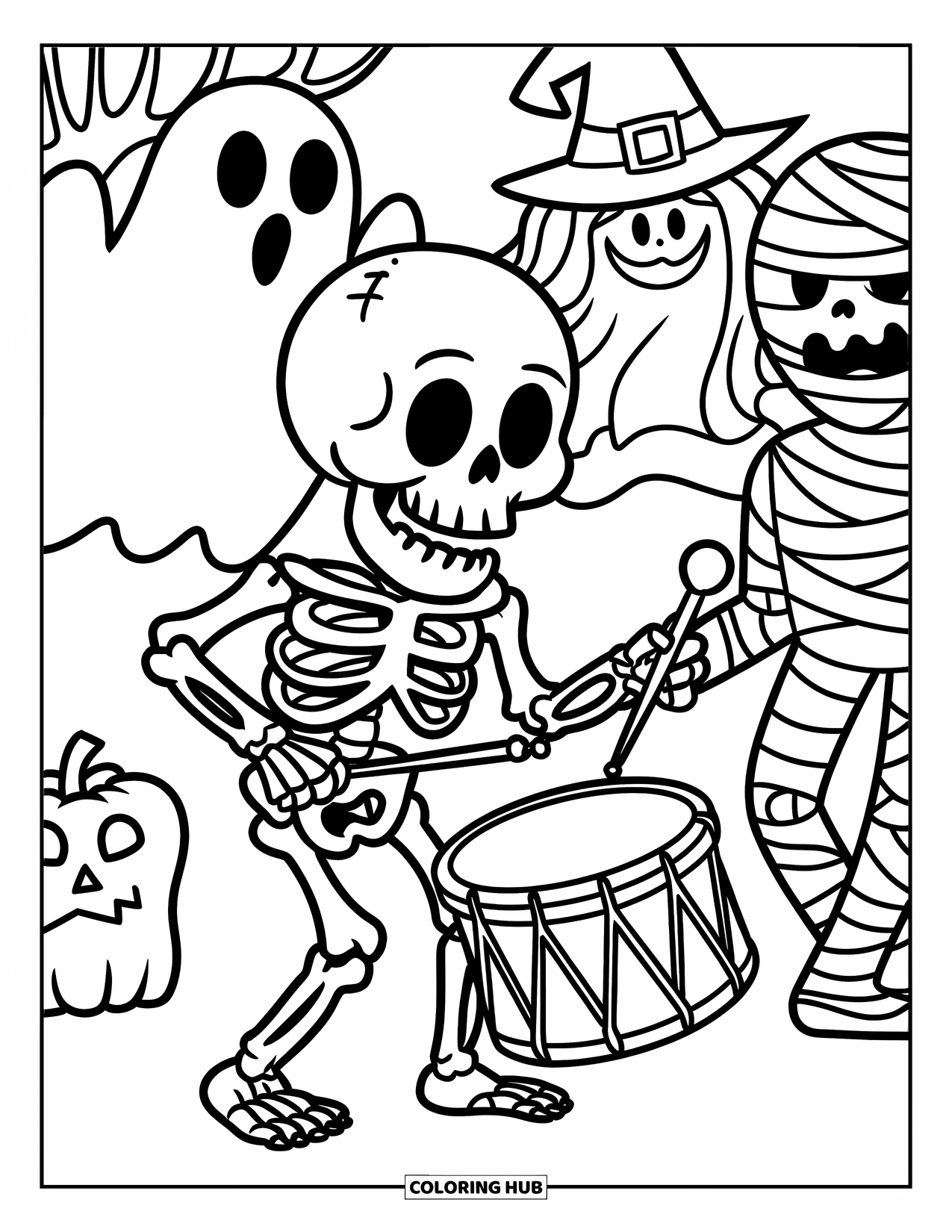 Kolorowanka na Halloween dla dzieci: Szkielet gra na małym bębenku w radosnej paradzie halloweenowej z duchami i czarownicami