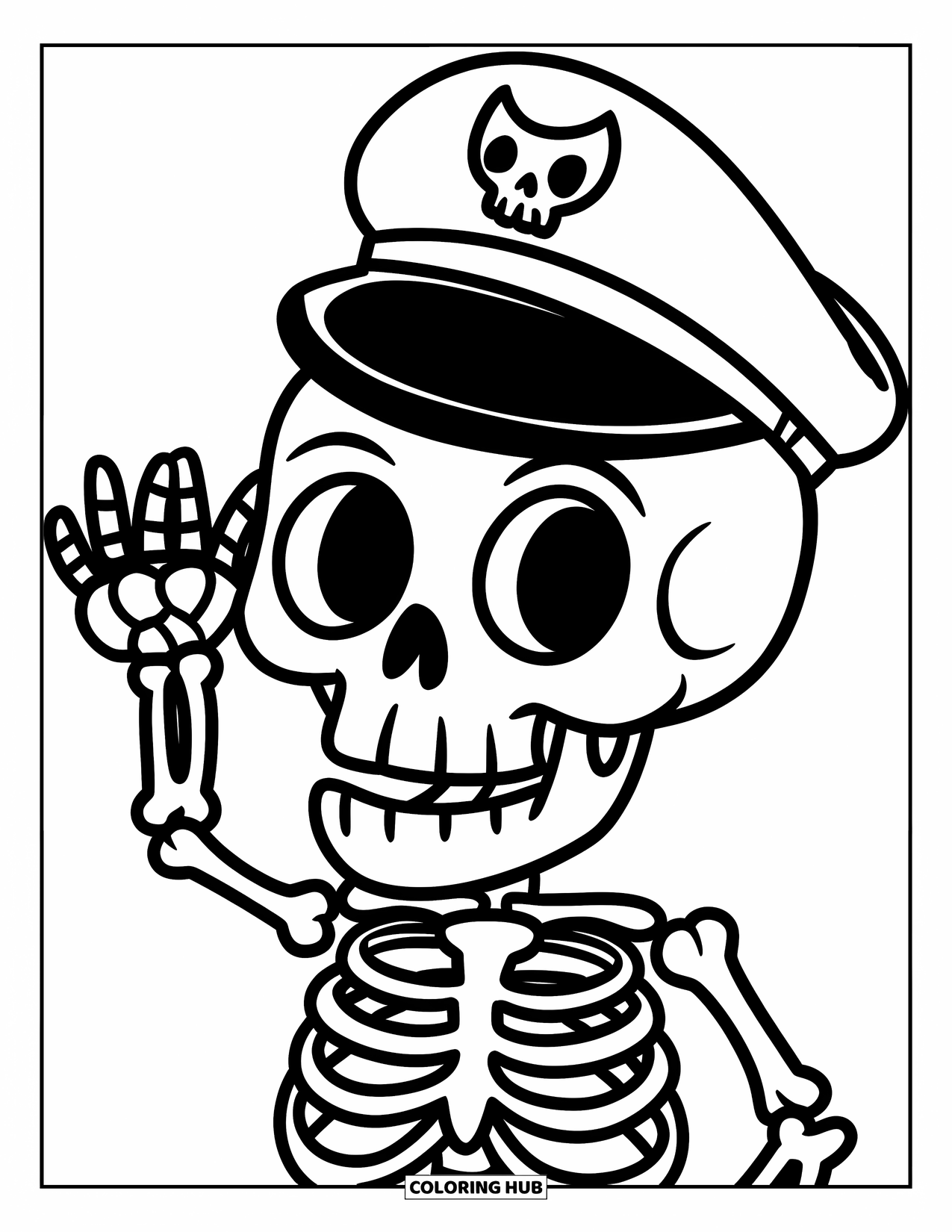 Kolorowanka na Halloween dla dzieci: Szkielet w kapitańskim kapeluszu z szerokim rondem salutuje kościstą ręką