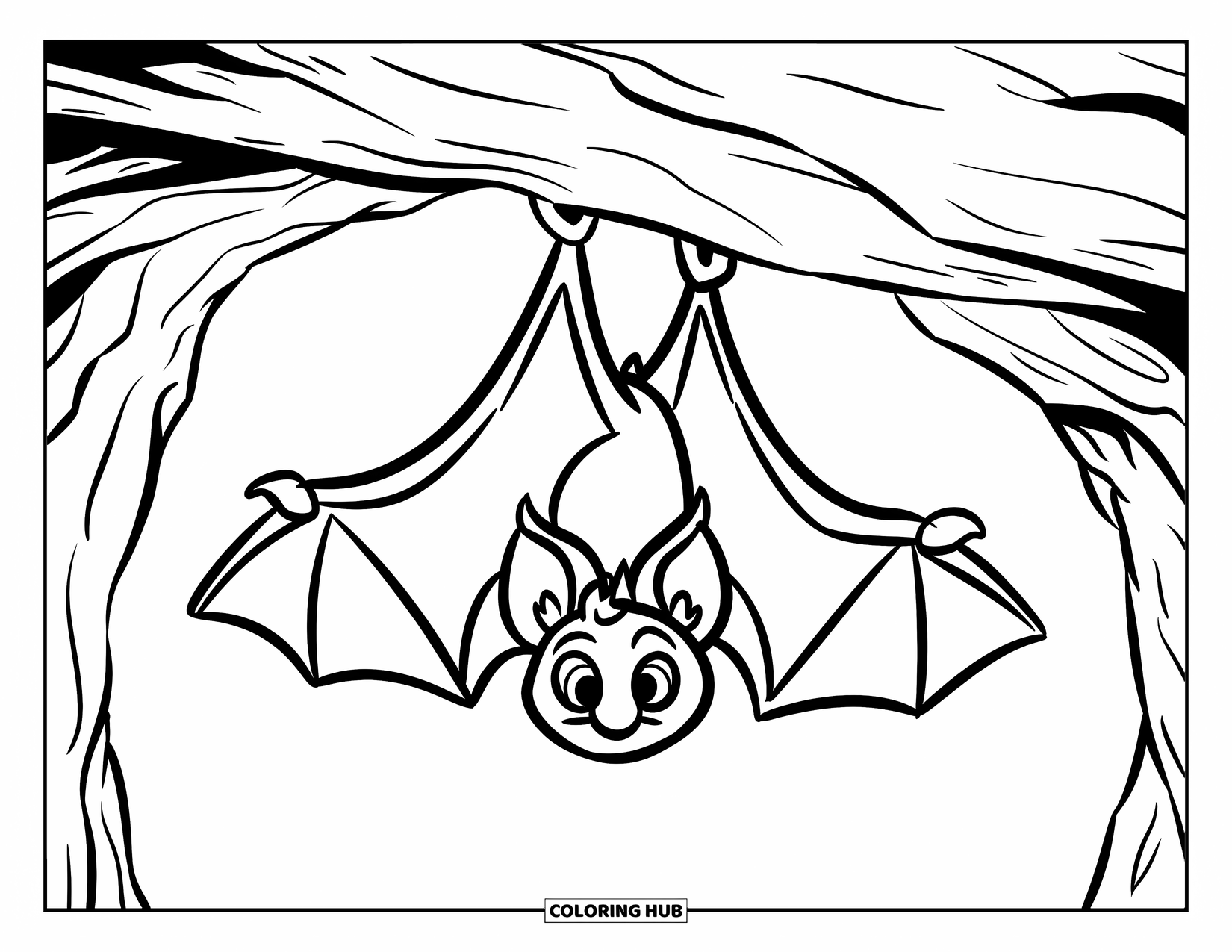 Kolorowanka na Halloween dla dzieci: Mały nietoperz ze spiczastymi uszami zwisa z szorstkiego sufitu jaskini w ciemności