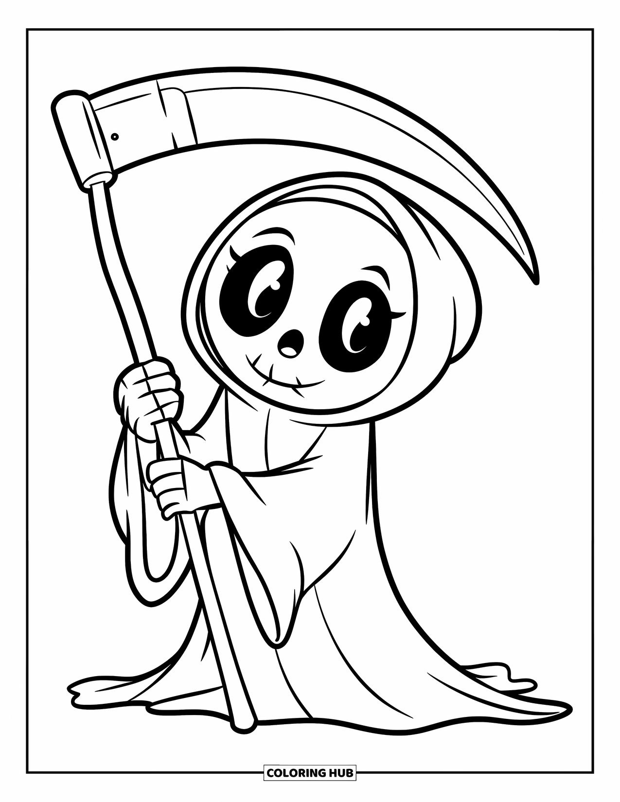 Kolorowanka na Halloween dla dzieci: Mały Ponury Żniwiarz z dużymi oczami trzyma kosę i uśmiecha się radośnie