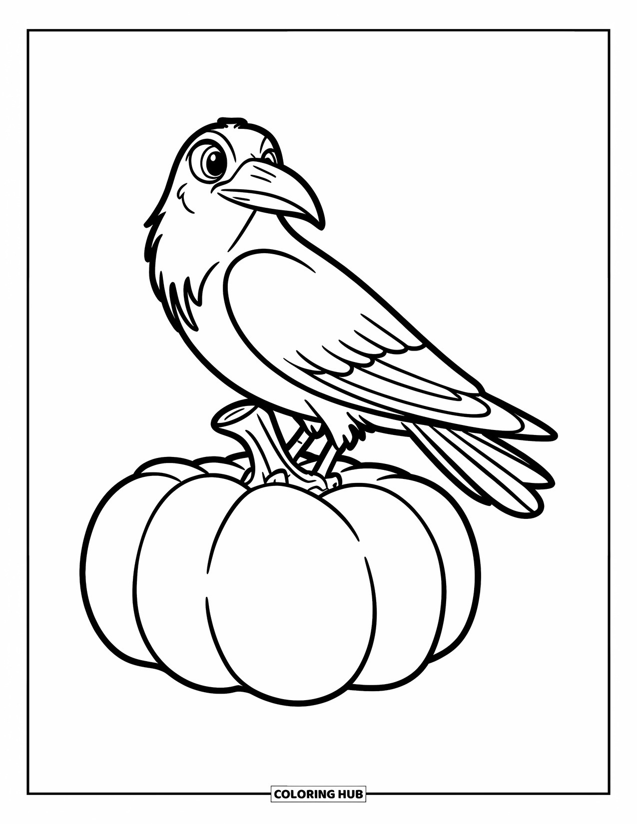 Kolorowanka na Halloween dla dzieci: Mały kruk siedzi na dyni, przekrzywiając ciekawie głowę