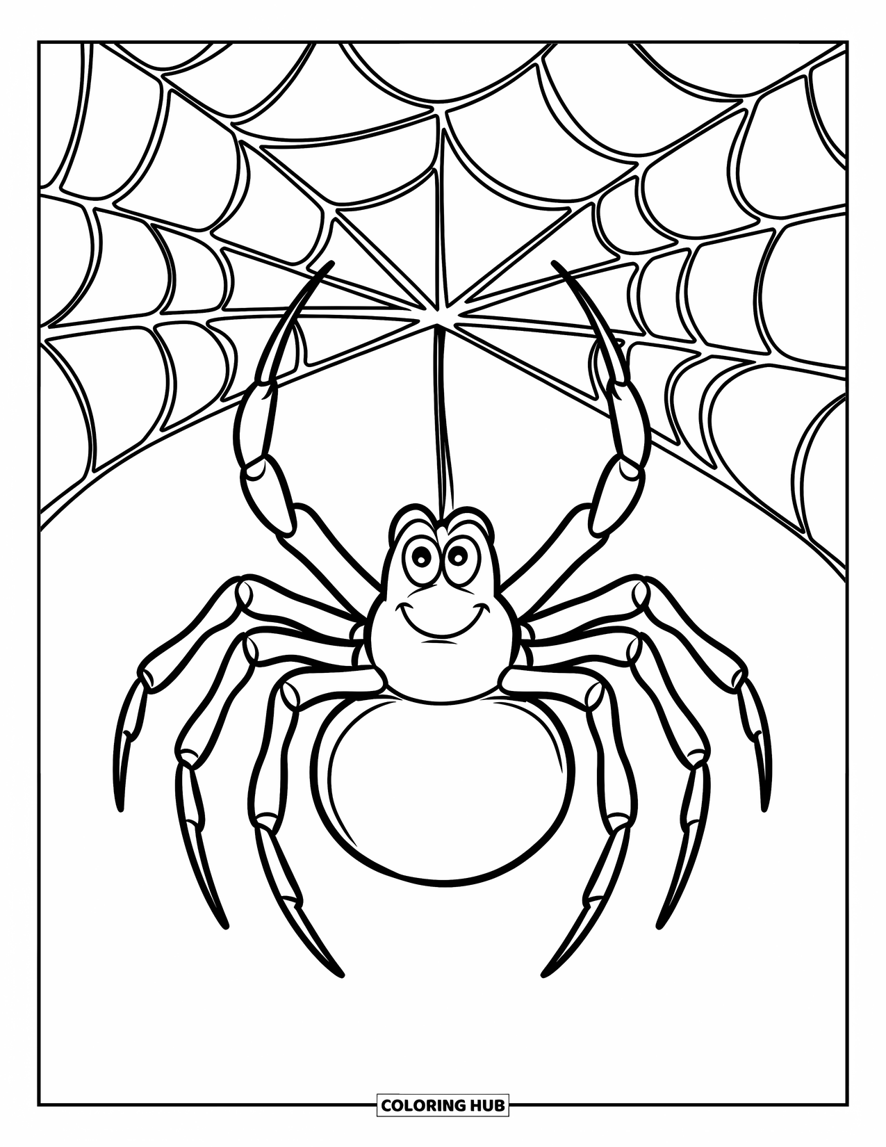 Kolorowanka na Halloween dla dzieci: Mały pająk z okrągłymi oczami zwisa z delikatnej nici pajęczyny