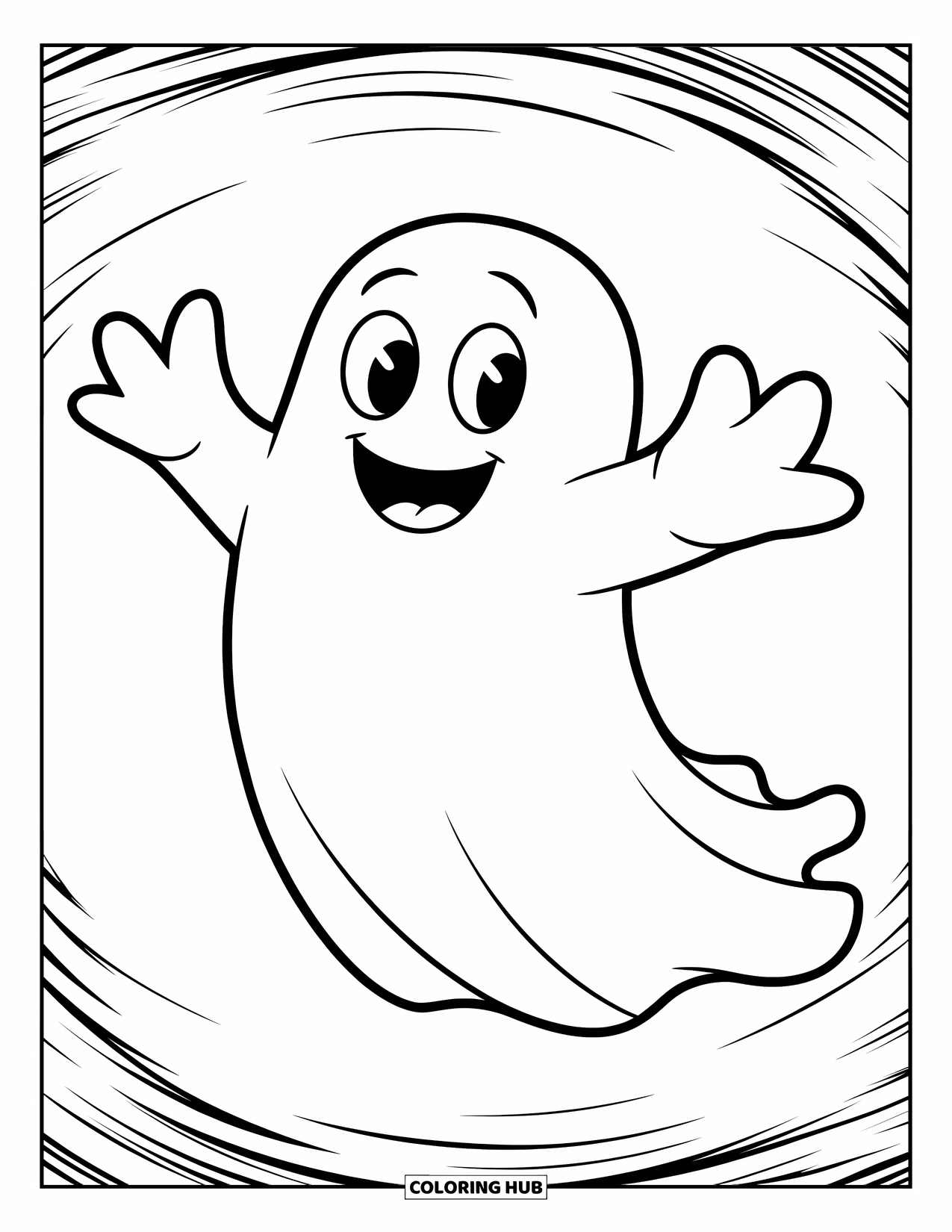 Kolorowanka na Halloween dla dzieci: Uśmiechnięty duch w pasiastym T-shircie unosi się z szeroko rozłożonymi ramionami, gotowy do zabawy