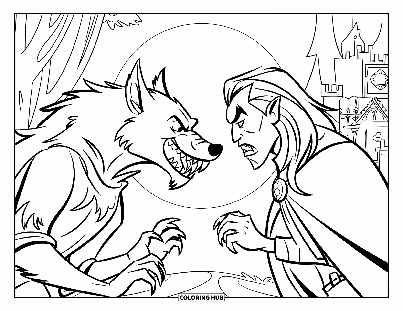 Kolorowanka na Halloween dla dzieci: Warczący wilkołak i długowłosy wampir stoją naprzeciwko siebie w pobliżu wysokiego zamku