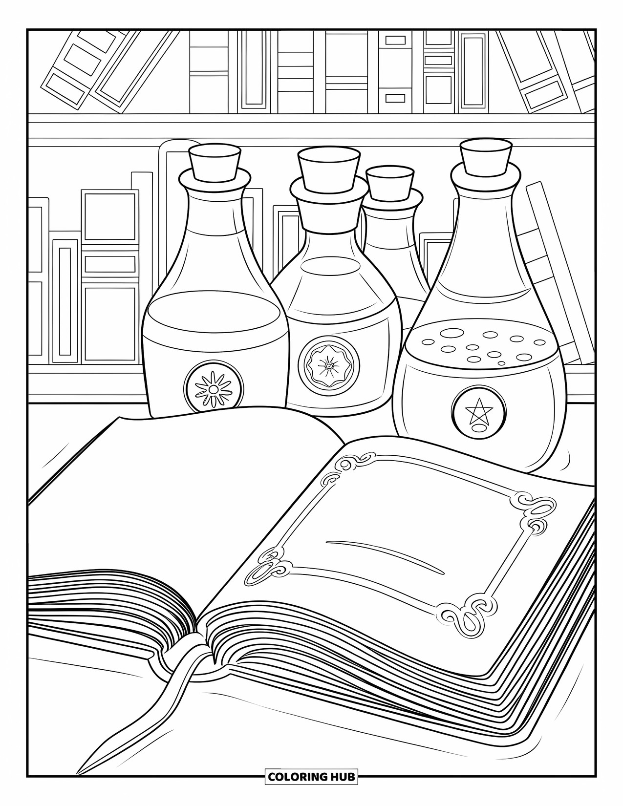 Kolorowanka na Halloween dla dzieci: Zaklęta księga w skórzanej oprawie leży obok butelek z eliksirami w przytulnym gabinecie czarodzieja