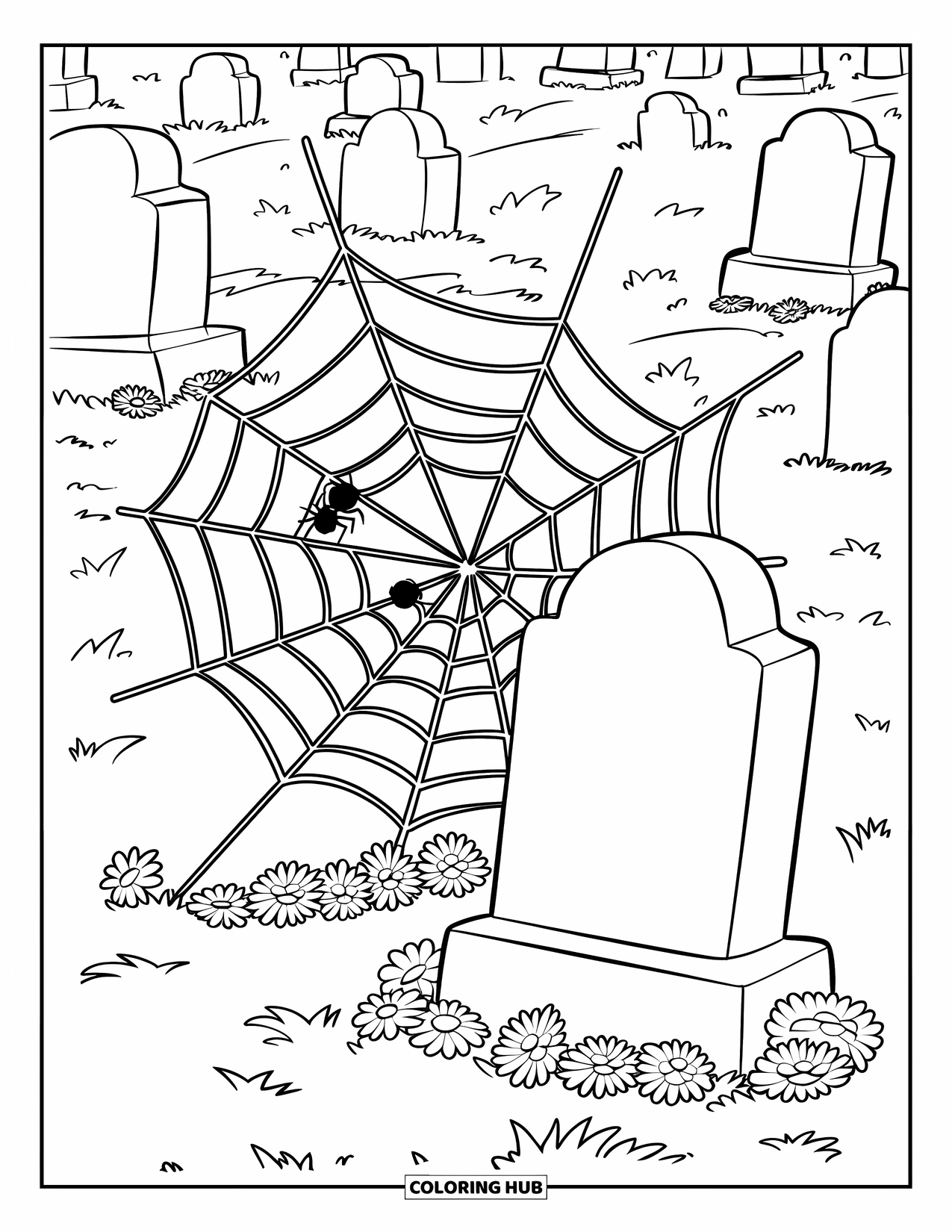 Kolorowanka na Halloween dla dzieci: Pajęczyna rozciąga się między dwoma zwietrzałymi nagrobkami na upiornym cmentarzu