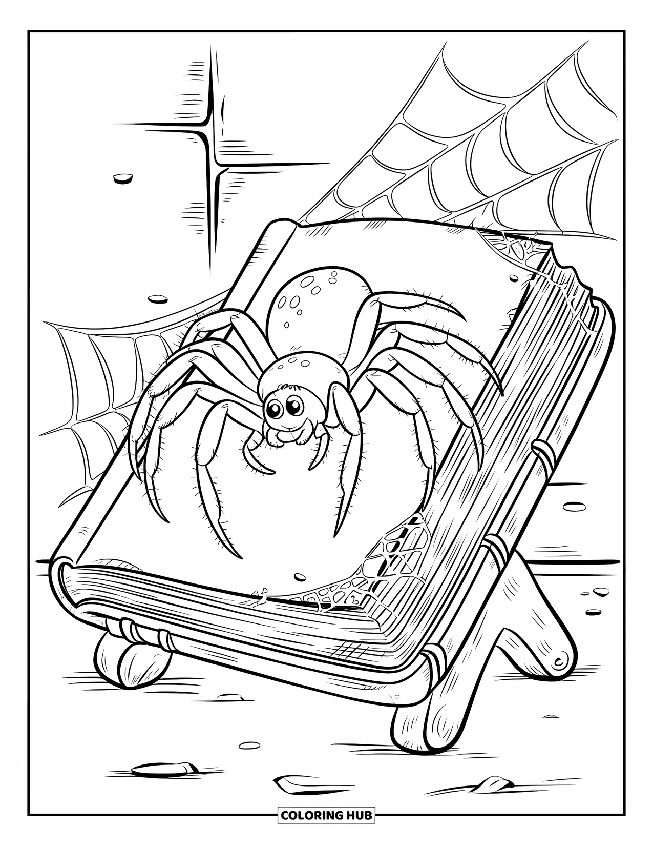 Kolorowanka na Halloween dla dzieci: Pająk z ośmioma nogami przemyka po starożytnej księdze owiniętej pajęczynami