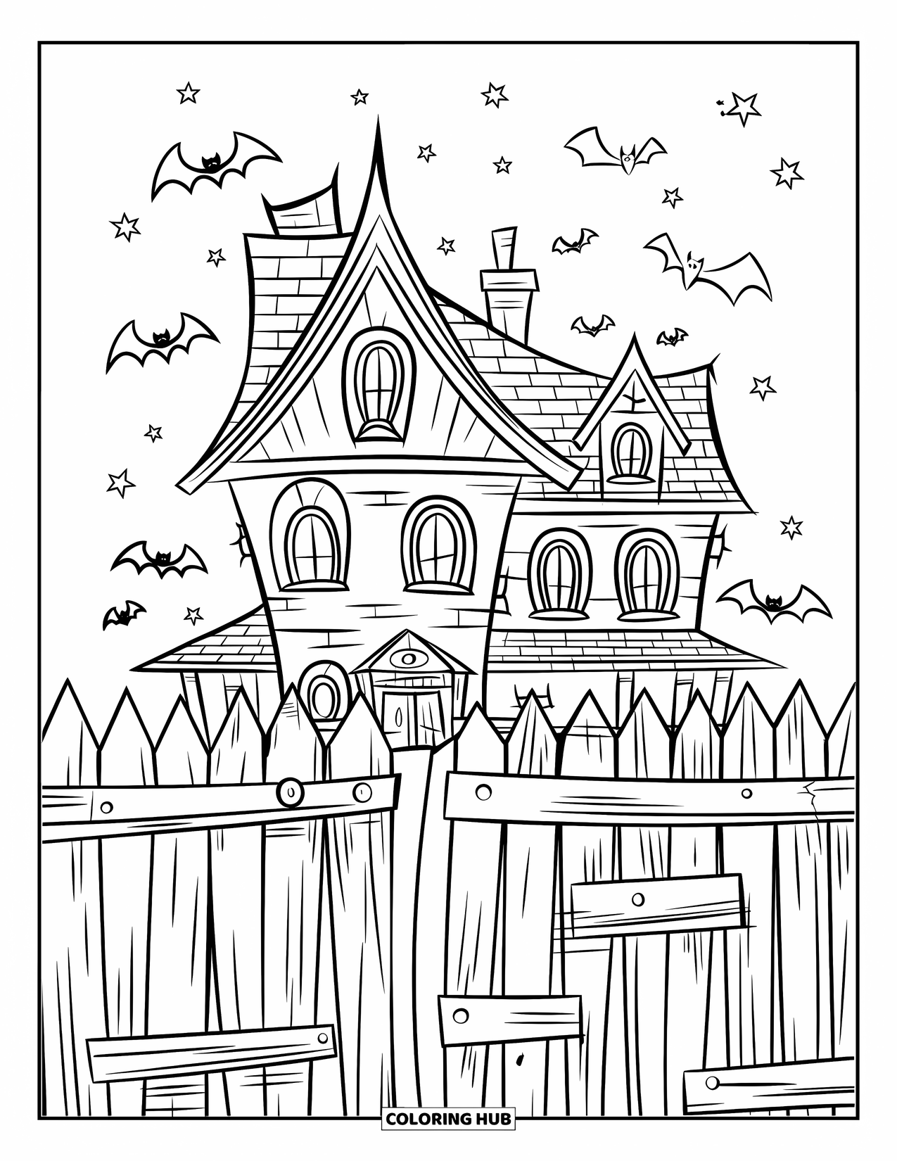 Kolorowanka na Halloween dla dzieci: Upiorny dom z nietoperzami krążącymi wokół dachu stoi w pobliżu cmentarza ze starymi nagrobkami