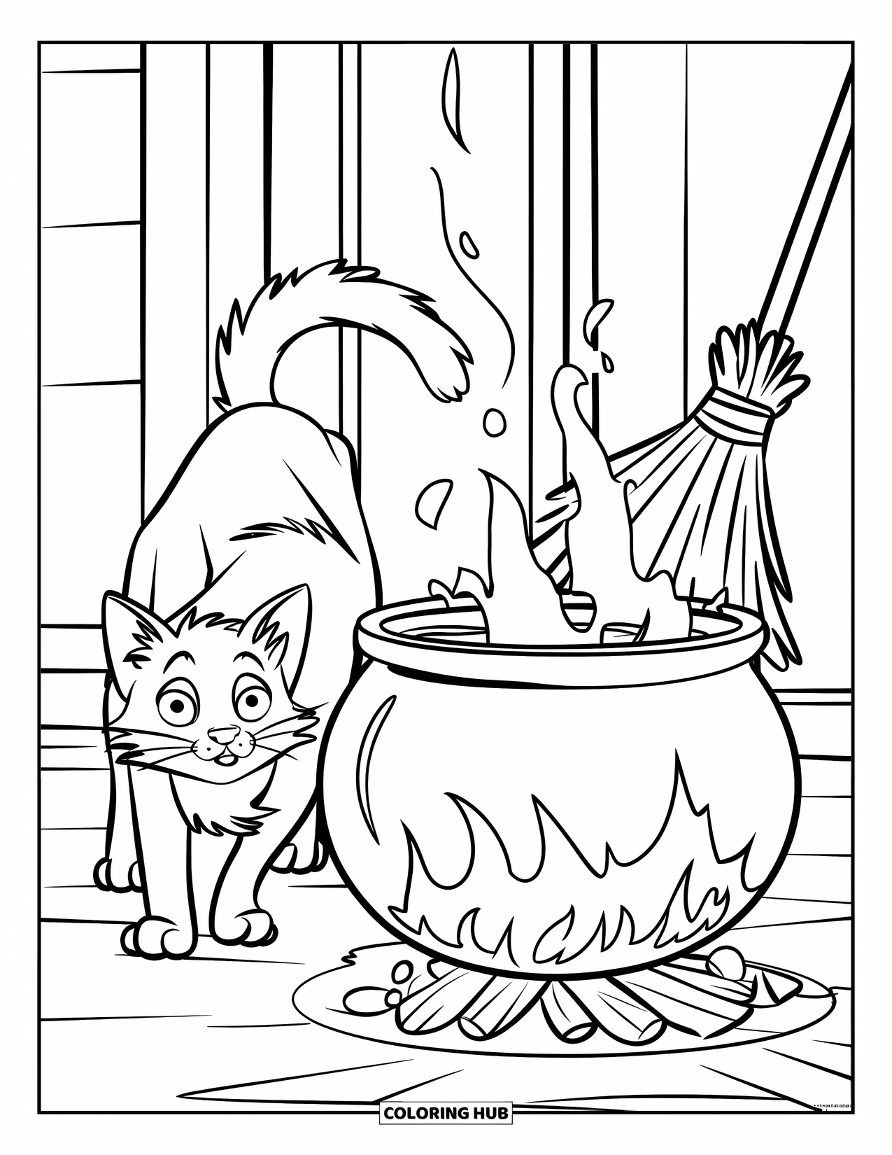 Kolorowanka na Halloween dla dzieci: Przestraszony kot wygina grzbiet obok bulgoczącego kotła, z którego unosi się para