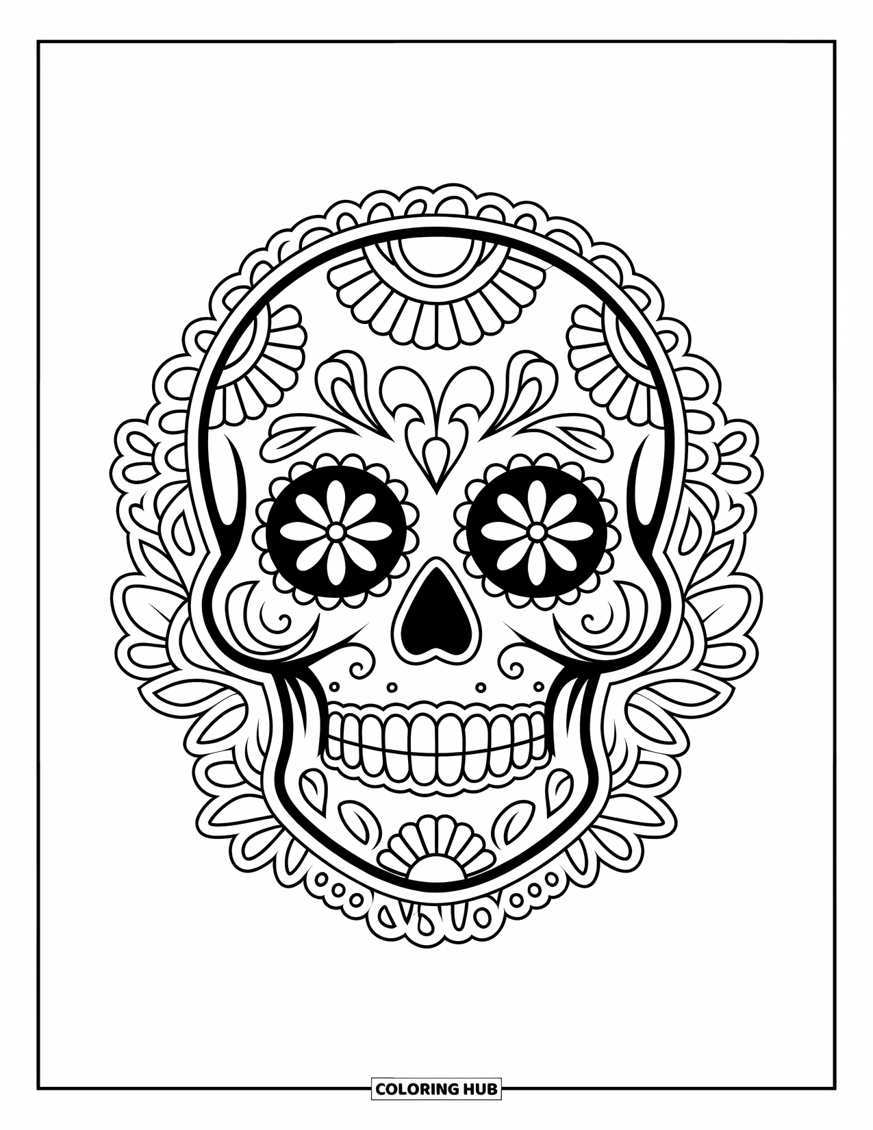 Kolorowanka na Halloween dla dzieci: Cukrowa czaszka ze szczegółowymi wzorami kwiatowymi tworzy ozdobny i gotycki wygląd