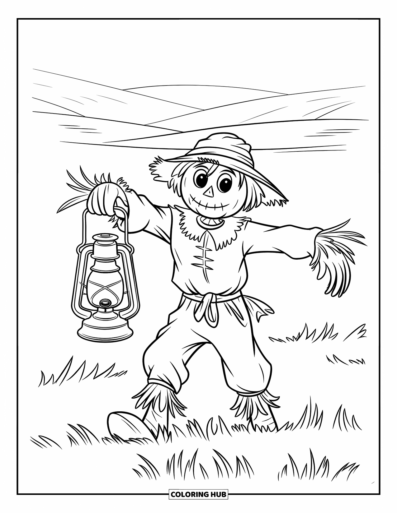 Kolorowanka na Halloween dla dzieci: Podarty strach na wróble z drewnianą twarzą trzyma latarnię na zamglonym polu