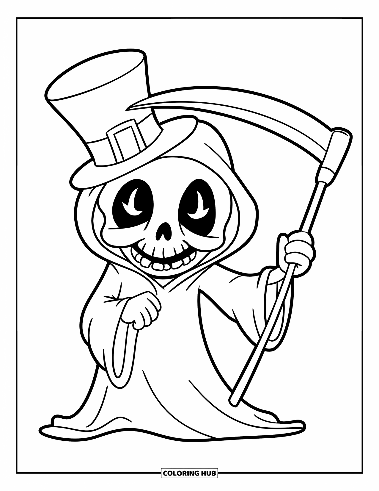 Kolorowanka na Halloween dla dzieci: Mały Ponury Żniwiarz macha jedną ręką, trzymając kosę w drugiej