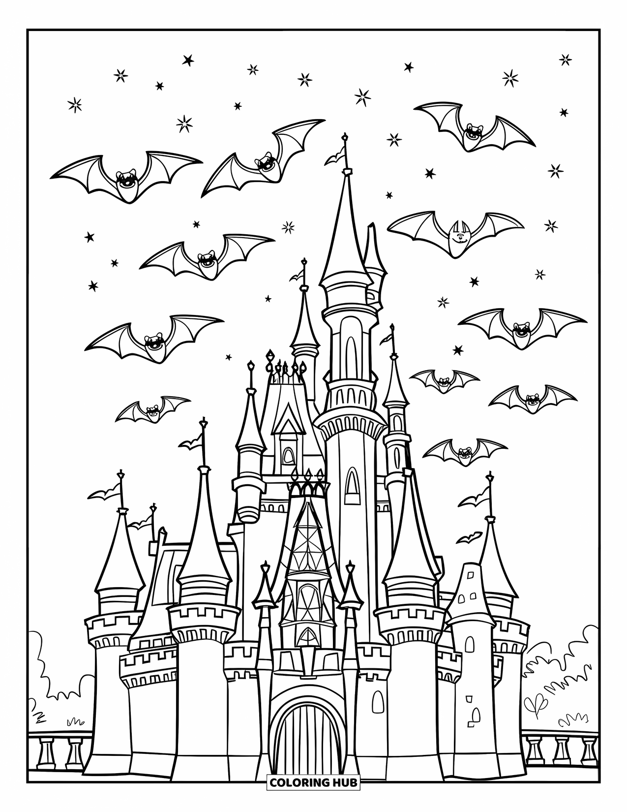 Kolorowanka na Halloween dla dzieci: Wysoka wieża z nietoperzami krążącymi wokół najwyższej wieży wznosi się nad nieruchomą fosą