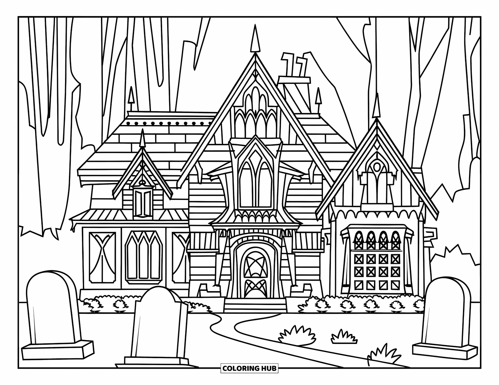 Kolorowanka na Halloween dla dzieci: Wysoka nawiedzona rezydencja ze spiczastymi łukami i cmentarzem stoi wśród wysokich, upiornych drzew
