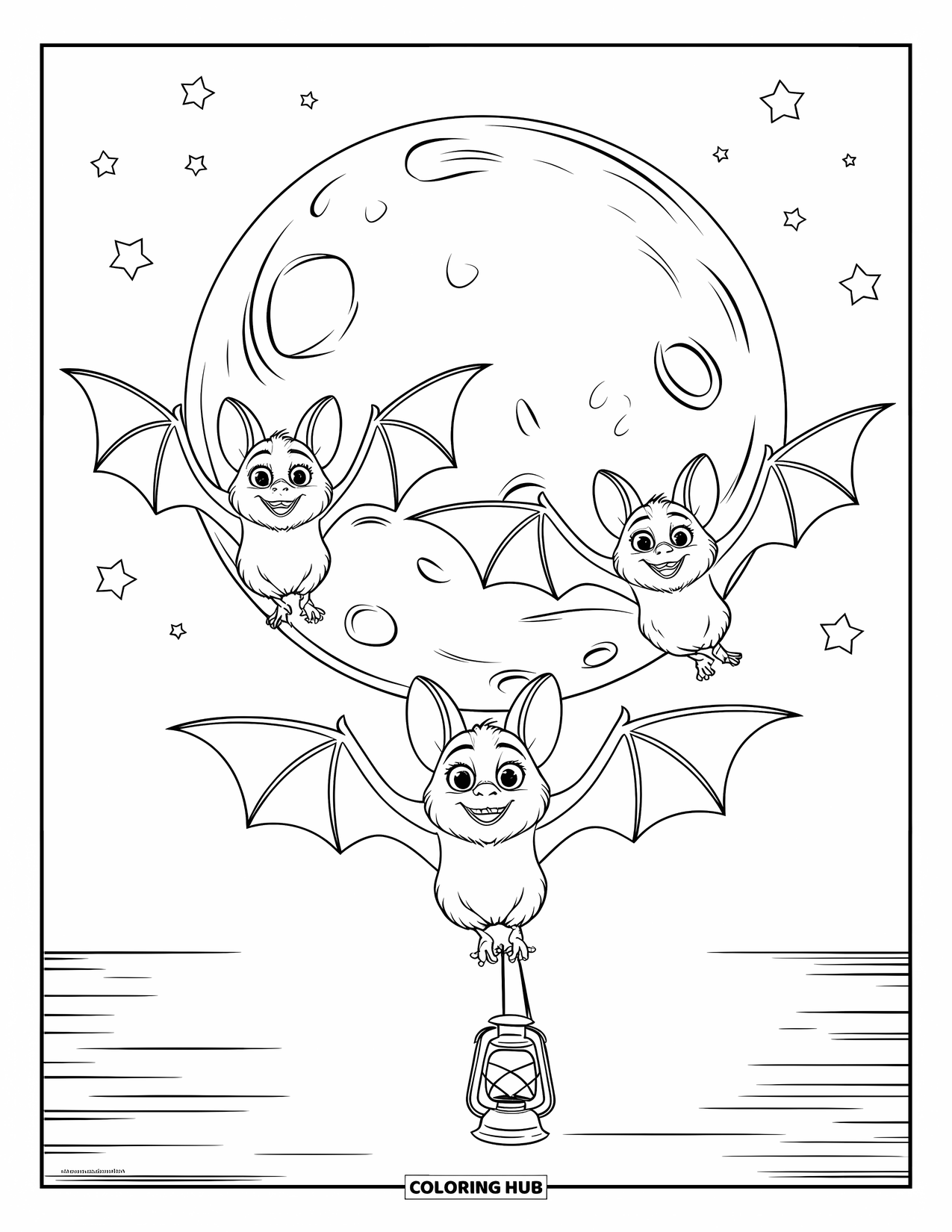 Kolorowanka na Halloween dla dzieci: Trio nietoperzy szybuje po niebie, z szeroko rozpostartymi skrzydłami w blasku księżyca