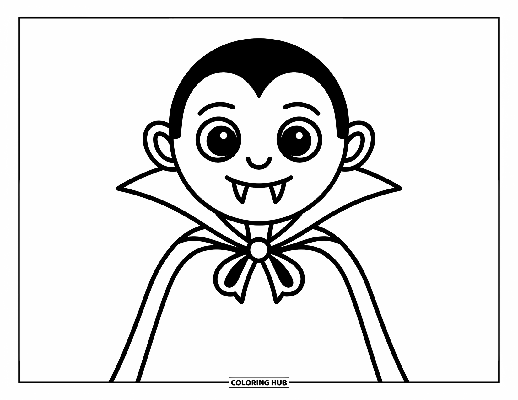 Kolorowanka na Halloween dla dzieci: Wampir w powiewającej pelerynie uśmiecha się, odsłaniając dwa ostre kły