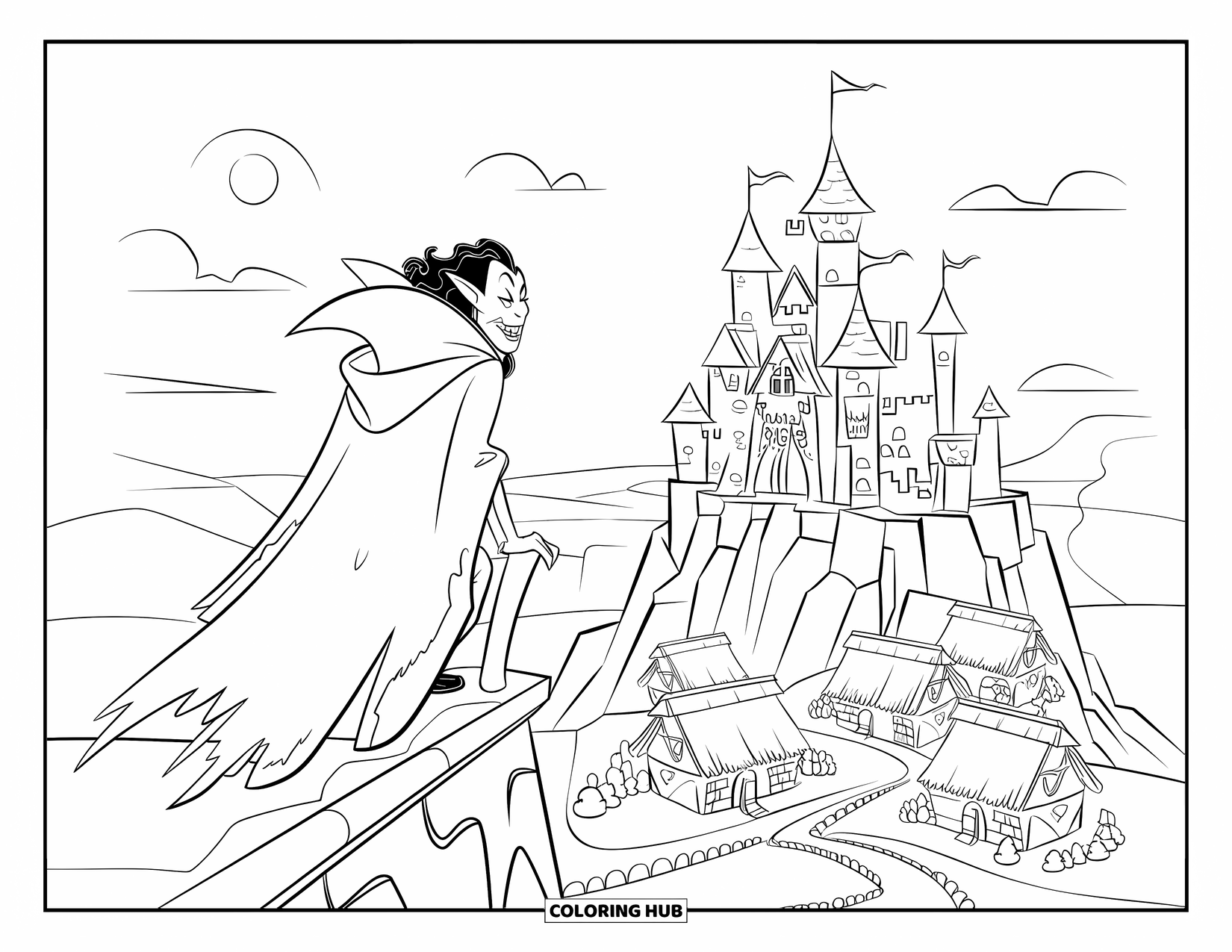 Kolorowanka na Halloween dla dzieci: Wampir w podartej pelerynie stoi na skalistym występie zamku, spoglądając na cichą wioskę